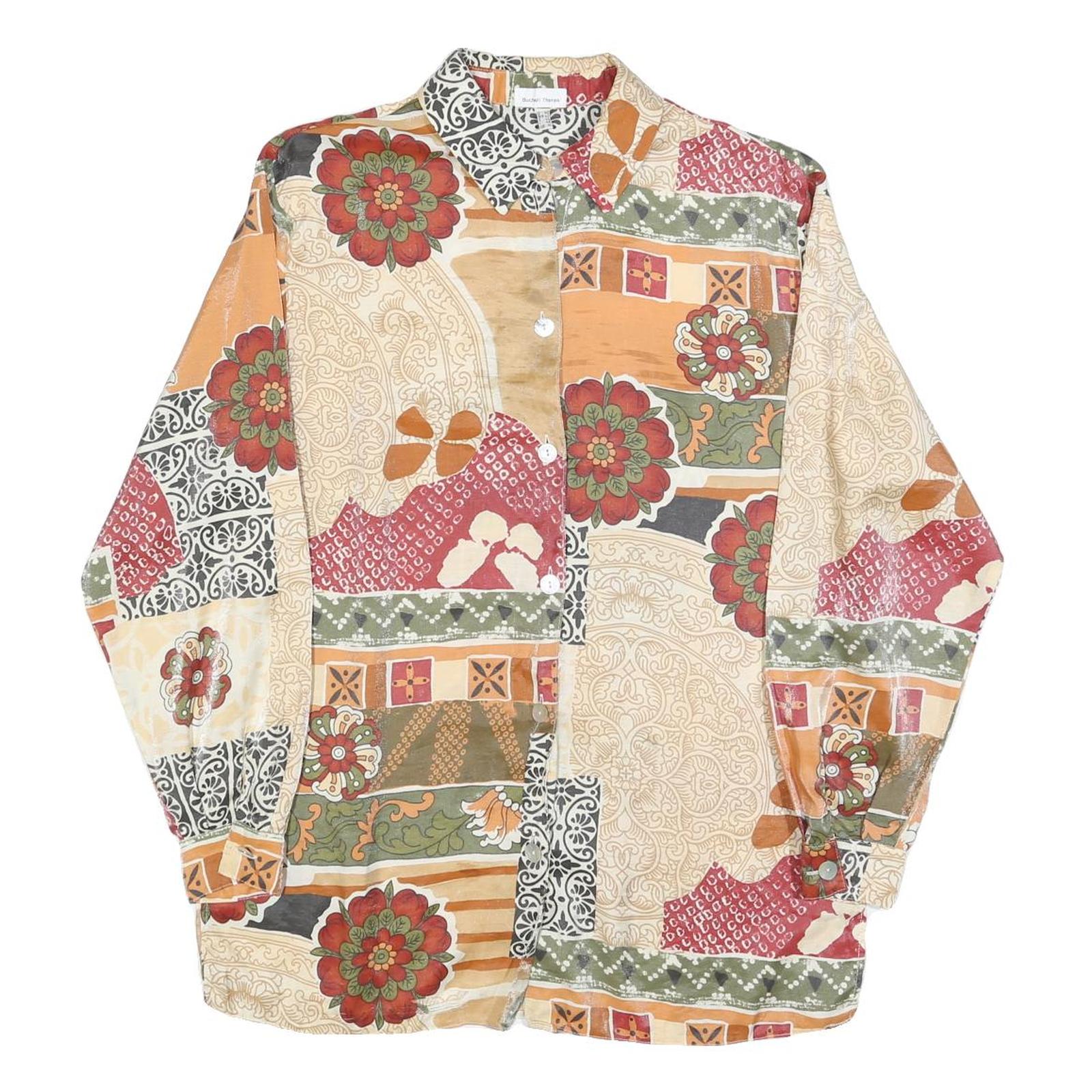 Womens Beige & Orange Vintage Floral Print Shirt UK 16 Patchwork Pattern Long Refurbished - N/A refurbished available on Cerqular