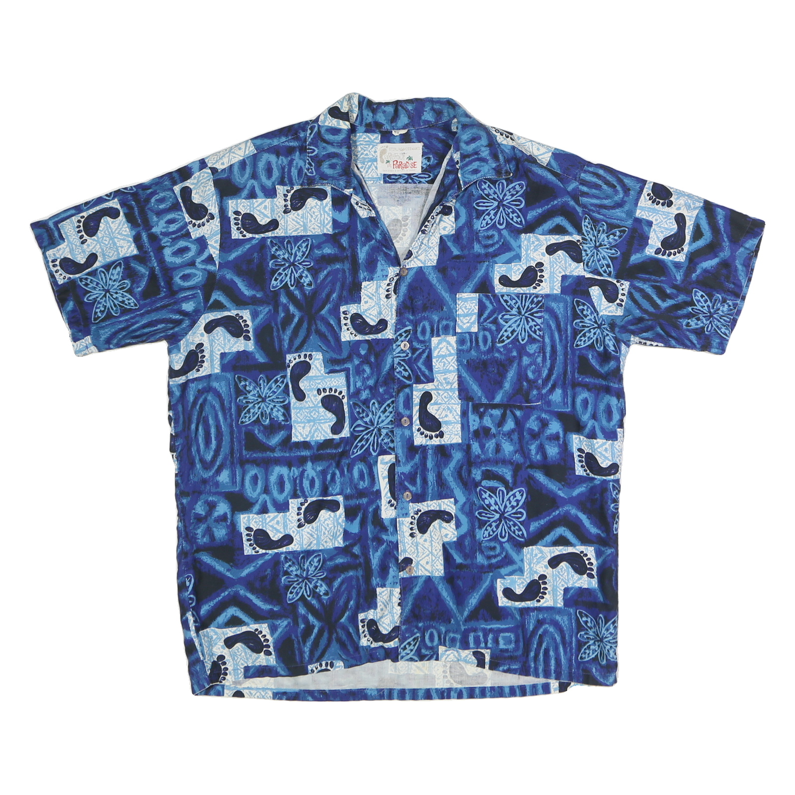 BAREFOOT IN PARADISE Mens Blue Casual Cotton Shirt L Footprint Print Relaxed Refurbished - N/A refurbished available on Cerqular
