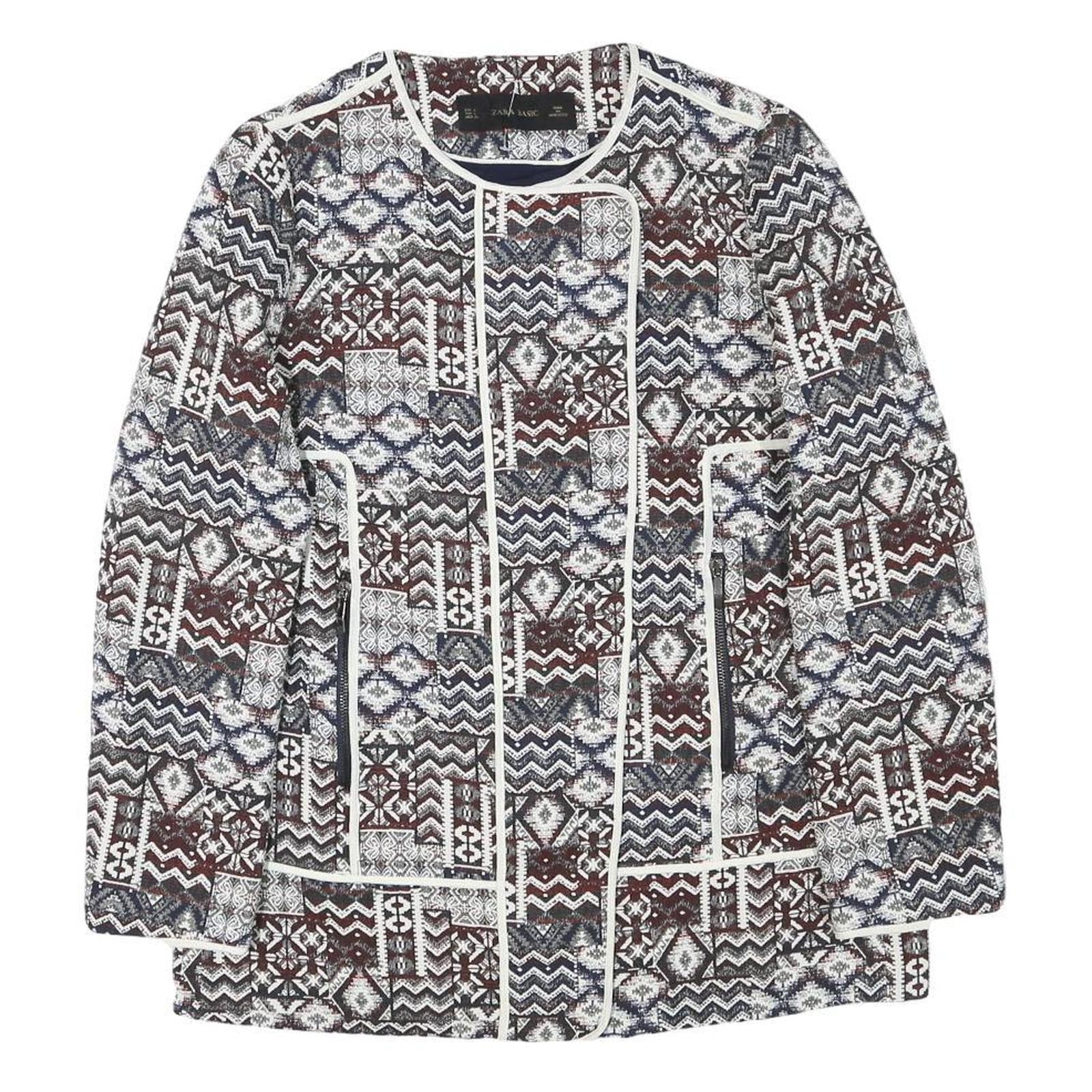 ZARA BASIC Womens Blue Brown White Cotton Blend Jacket L Patchwork Zip Patterned Refurbished - N/A refurbished available on Cerqular