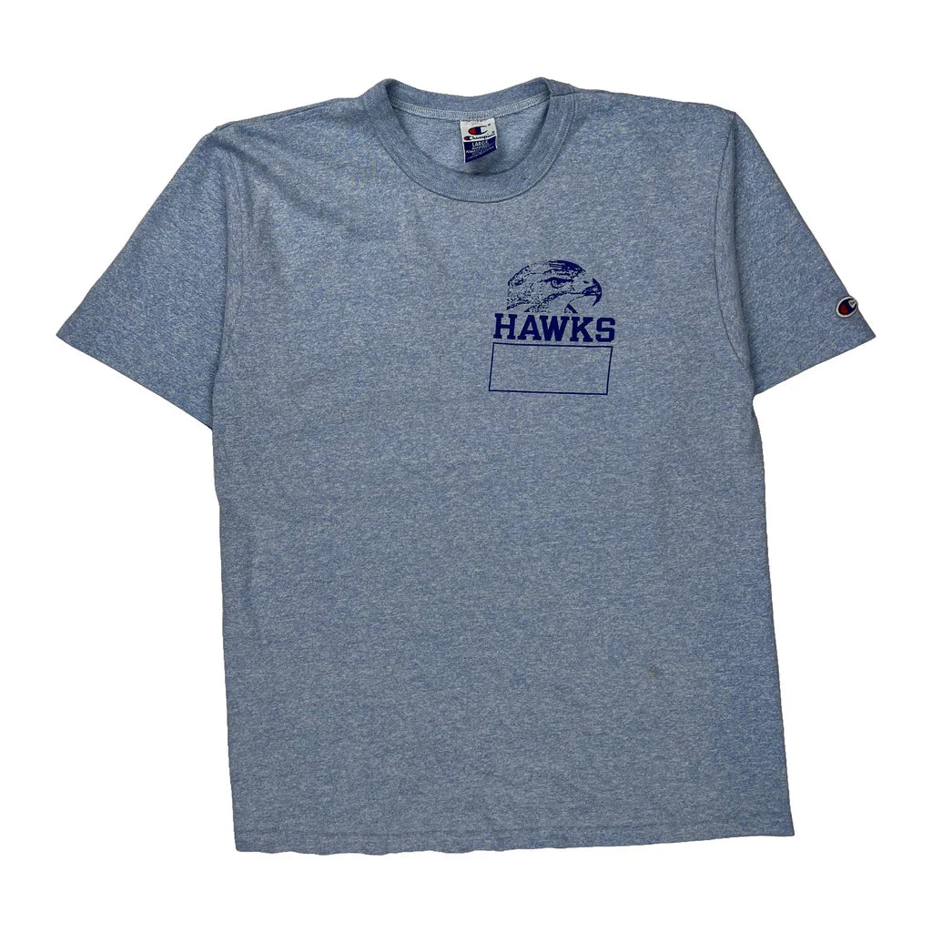 Hawks Champion College T-Shirt - Large Blue Cotton Refurbished - Thrifted (note: this is a term often used to describe second- refurbished available on Cerqular