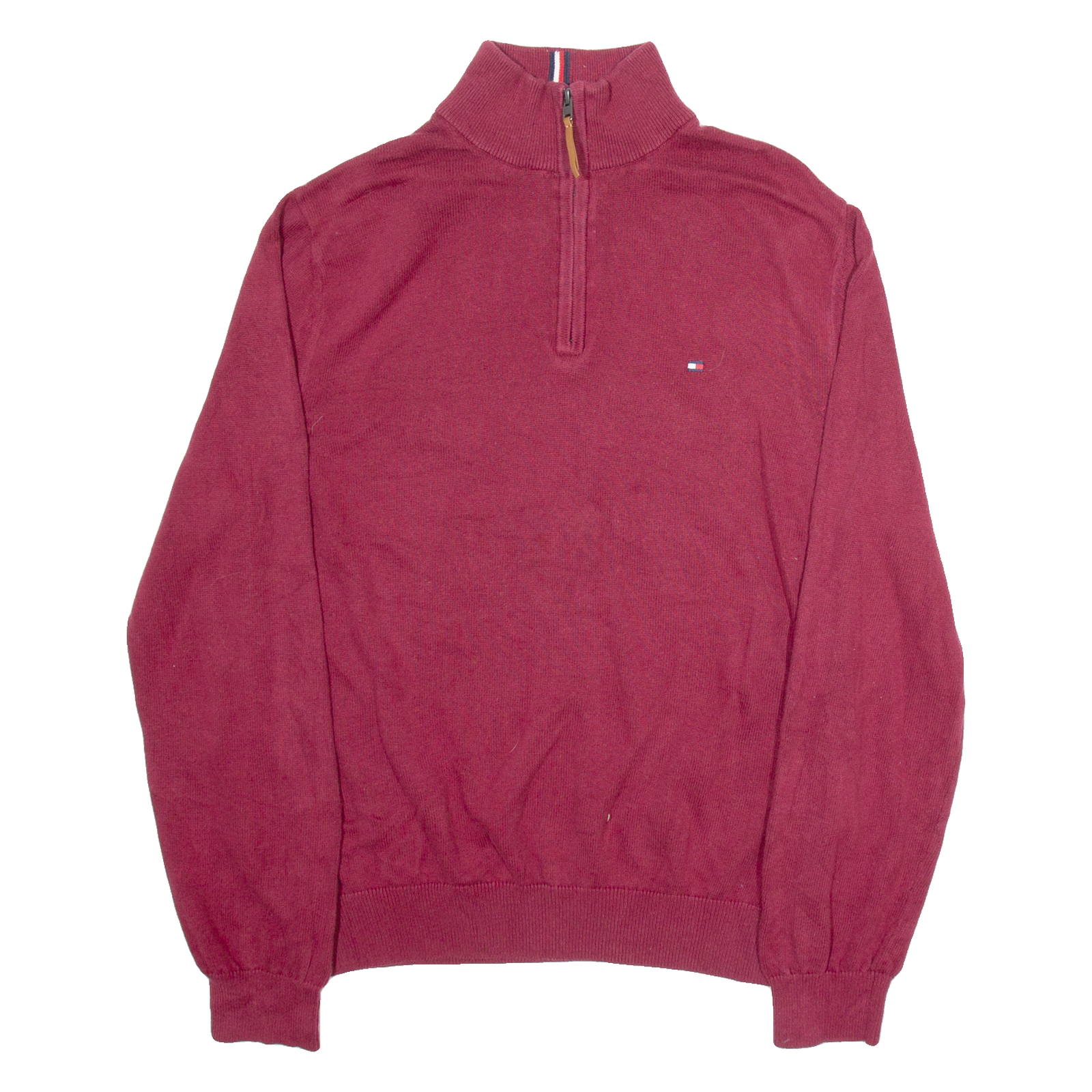 TOMMY HILFIGER Mens Jumper Maroon 1/4 Zip Tight Knit L Refurbished - N/A refurbished available on Cerqular