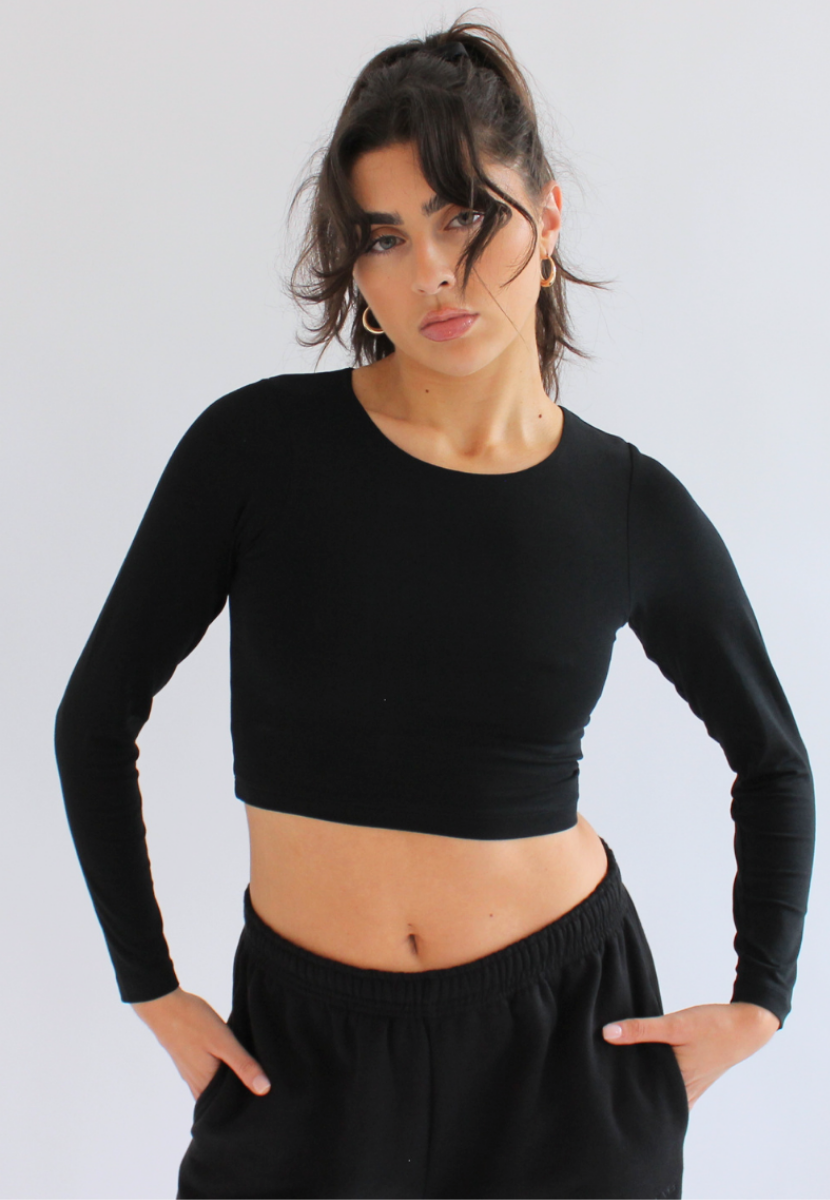 Organic Cotton Crew Long Sleeve Cropped T-Shirt, Black | Size: L Refurbished - N/A (Note: It's possible that "Pantee" refurbished available on Cerqular
