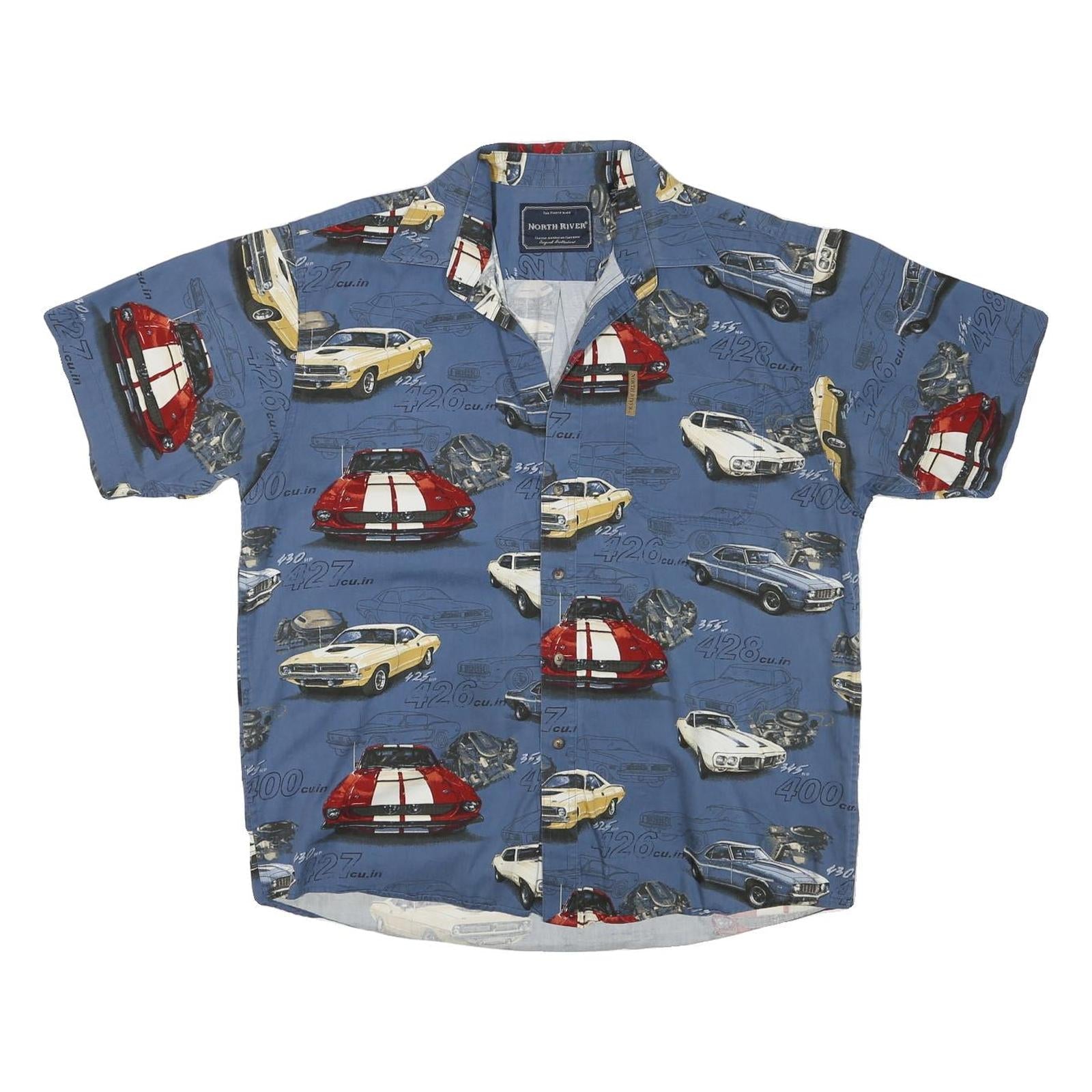 NORTH RIVER Mens Blue Classic Car Print Shirt L Vintage Cotton Blend Casual Refurbished - N/A refurbished available on Cerqular