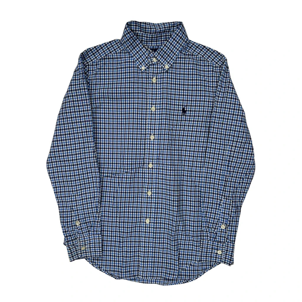 Age 10-12 Ralph Lauren Checked Shirt - Medium Blue Cotton Refurbished - Thrifted (note: this is a term often used to describe second- refurbished available on Cerqular