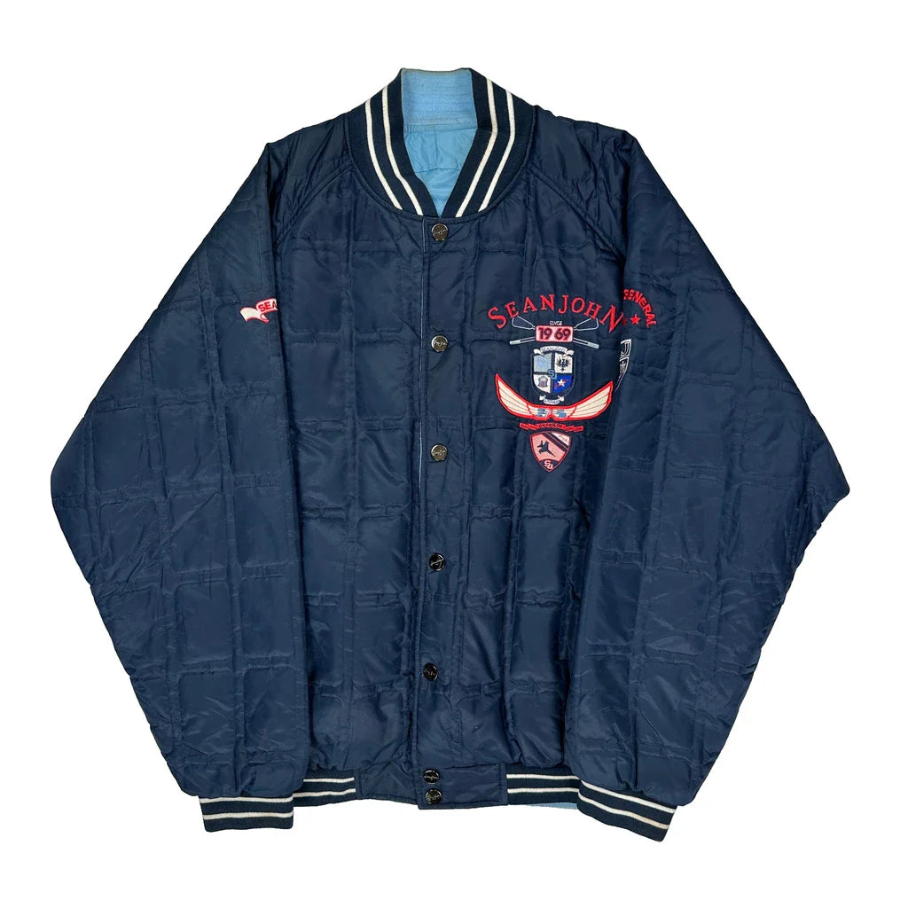 Sean John Varsity Jacket - XL Navy Nylon Refurbished - Thrifted (note: this is a term often used to describe second- refurbished available on Cerqular