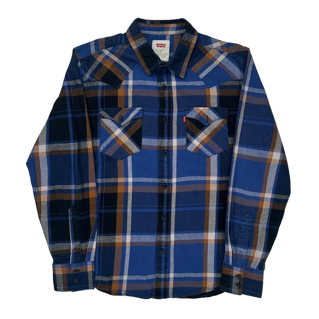 Levis Checked Flannel Shirt - Medium Blue Cotton Refurbished - Thrifted (note: this is a term often used to describe second- refurbished available on Cerqular