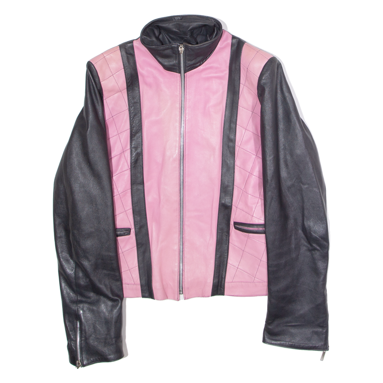 Womens Biker Jacket Pink Faux Leather Colourblock S Refurbished - N/A refurbished available on Cerqular
