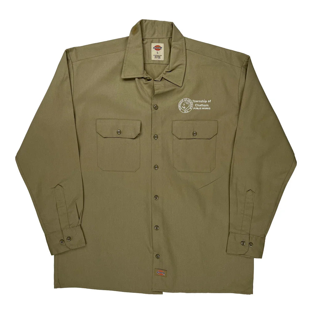 Township Of Chatham Public Works Dickies Shirt - Large Khaki Polyester Blend Refurbished - Thrifted (note: this is a term often used to describe second- refurbished available on Cerqular