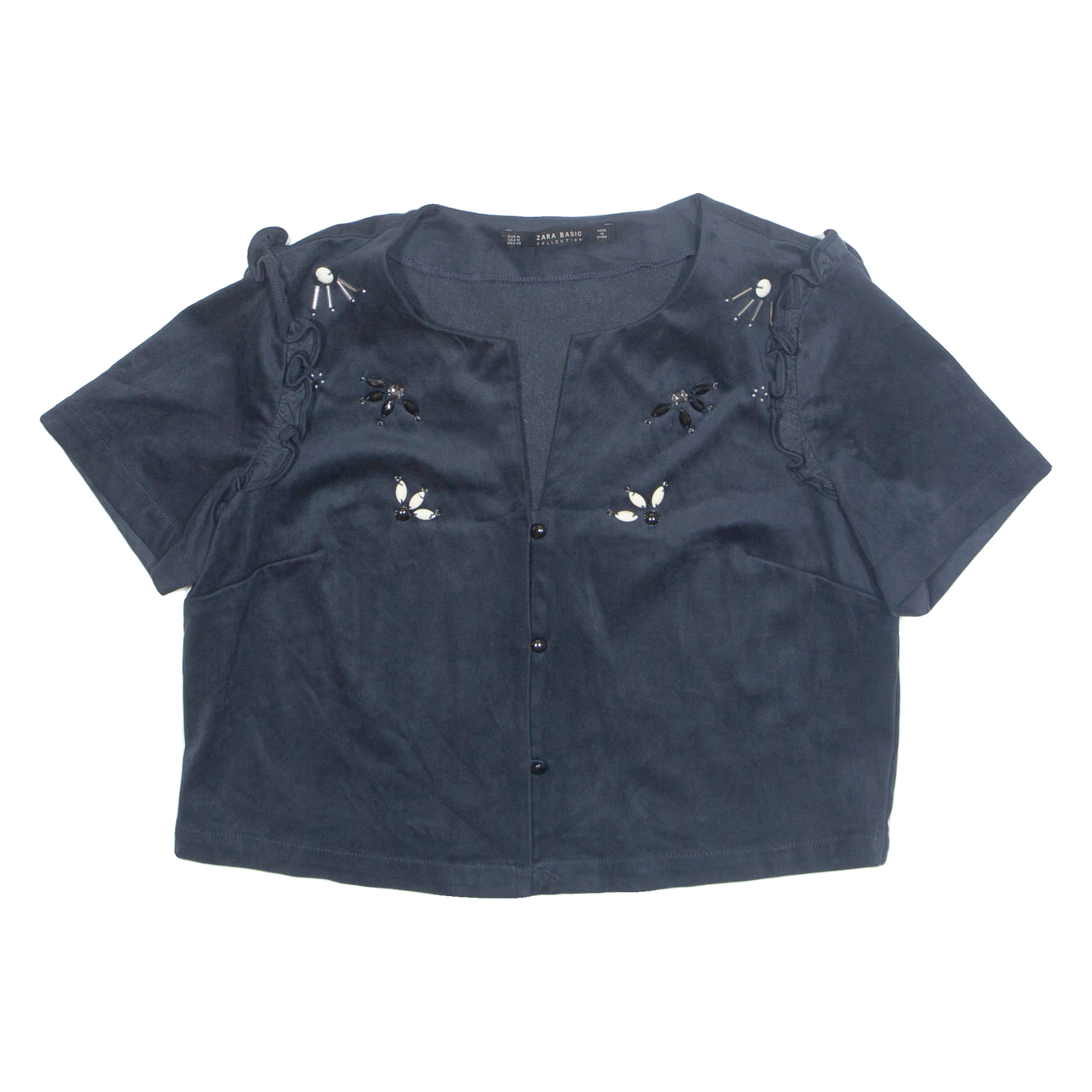 ZARA Velour Cropped Womens Shirt Blouse Blue M Refurbished - N/A refurbished available on Cerqular