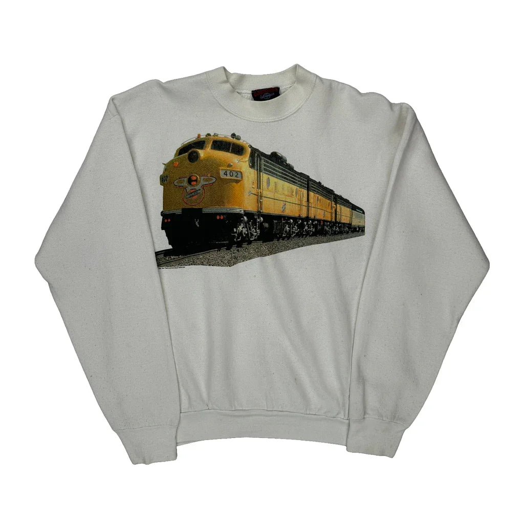 Train Graphic Garment Graphics Graphic Sweatshirt - Large Yellow Cotton Refurbished - Thrifted (note: this is a term often used to describe second- refurbished available on Cerqular