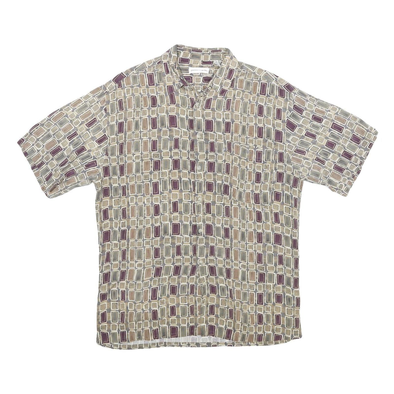 PIERRE CARDIN Mens Beige & Purple Patterned Rayon Shirt M Retro Casual Short Refurbished - N/A refurbished available on Cerqular