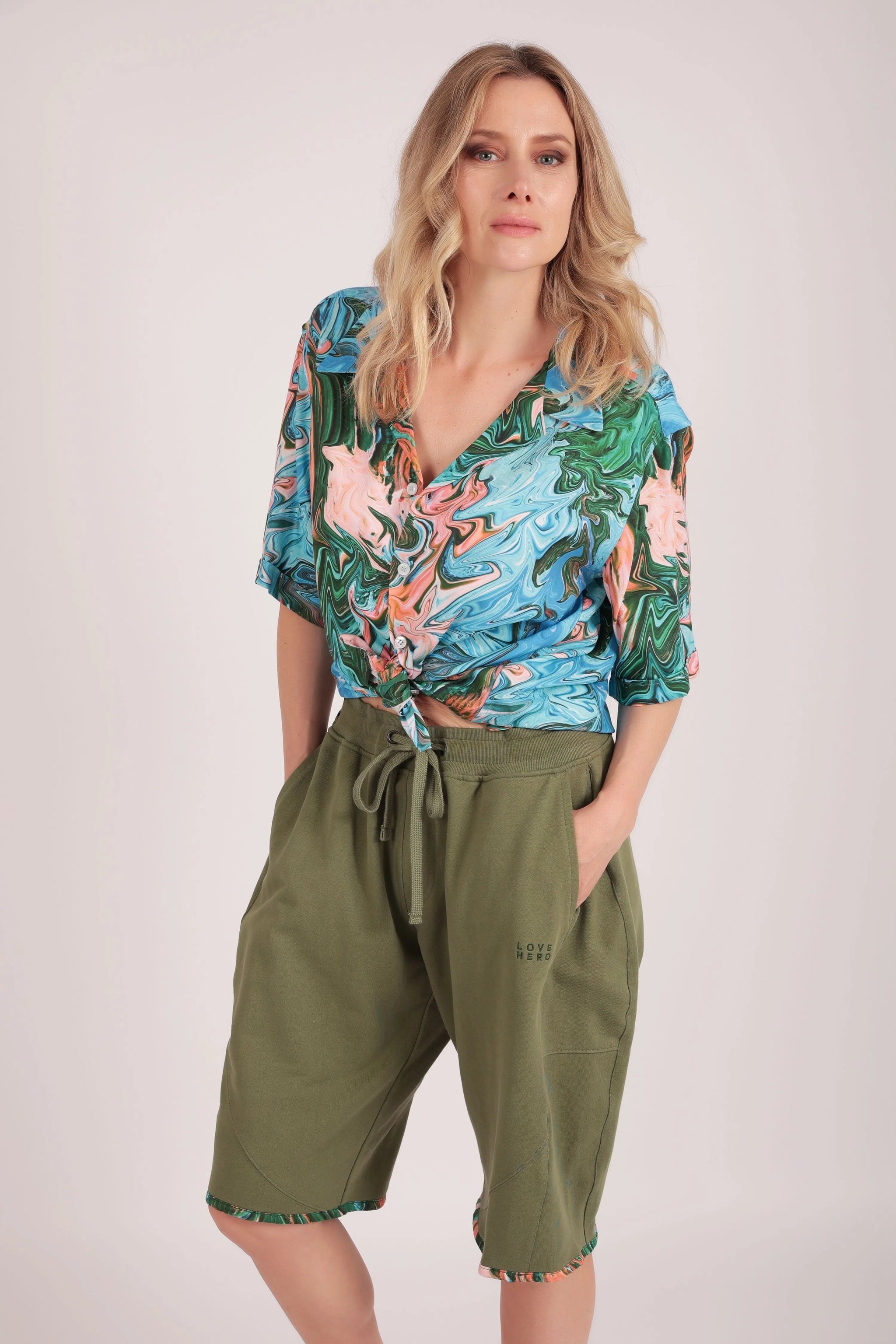 Upcycled - Jogger Shorts in Moss Green with Paint Stroke | Size: XL Refurbished - N/A (Note: There is no well-known brand by this name refurbished available on Cerqular
