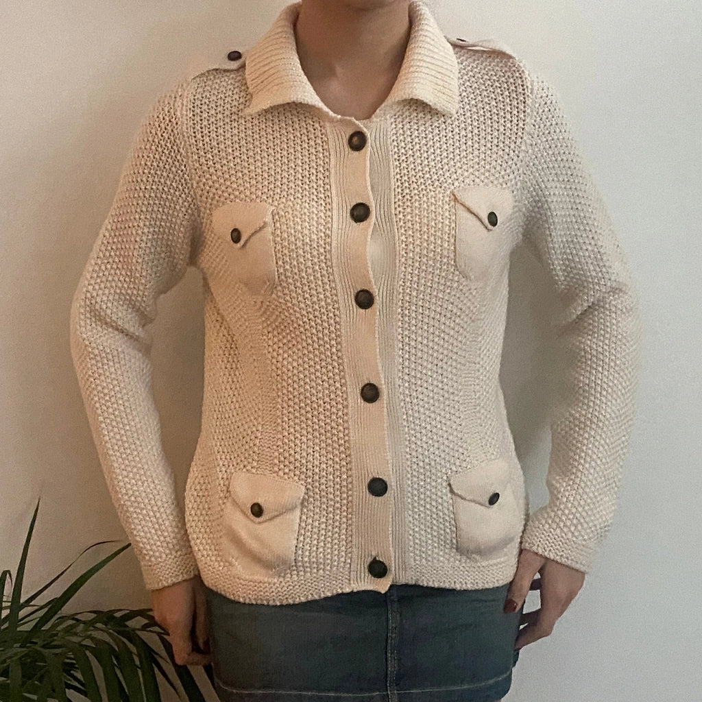 Unbranded Collared Cardigan - Large Cream Acrylic Blend Refurbished - Thrifted (note: this is a term often used to describe second- refurbished available on Cerqular