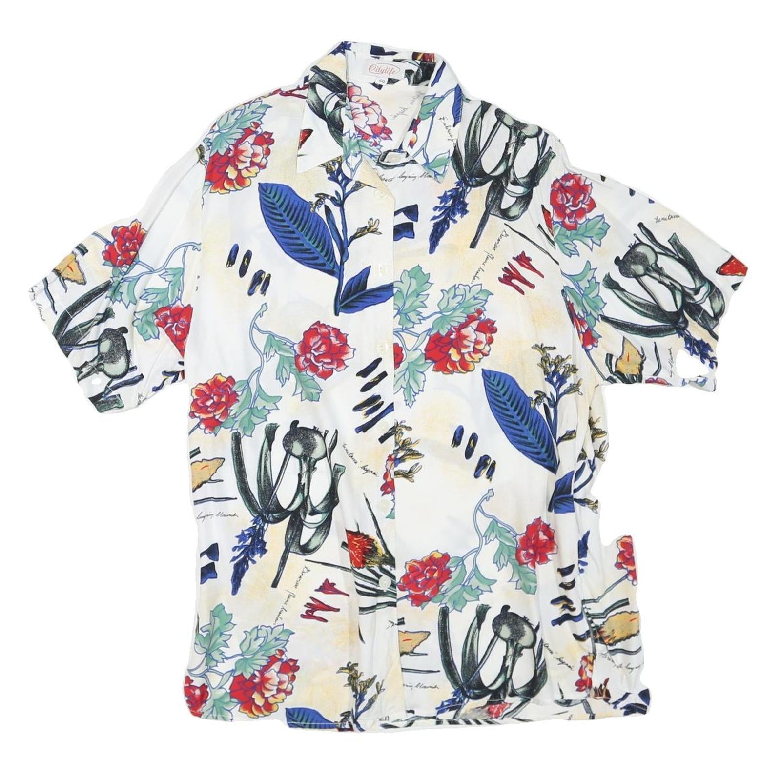 Womens White Floral Print Shirt Short Sleeve Collared L Relaxed Fit Casual Refurbished - N/A refurbished available on Cerqular