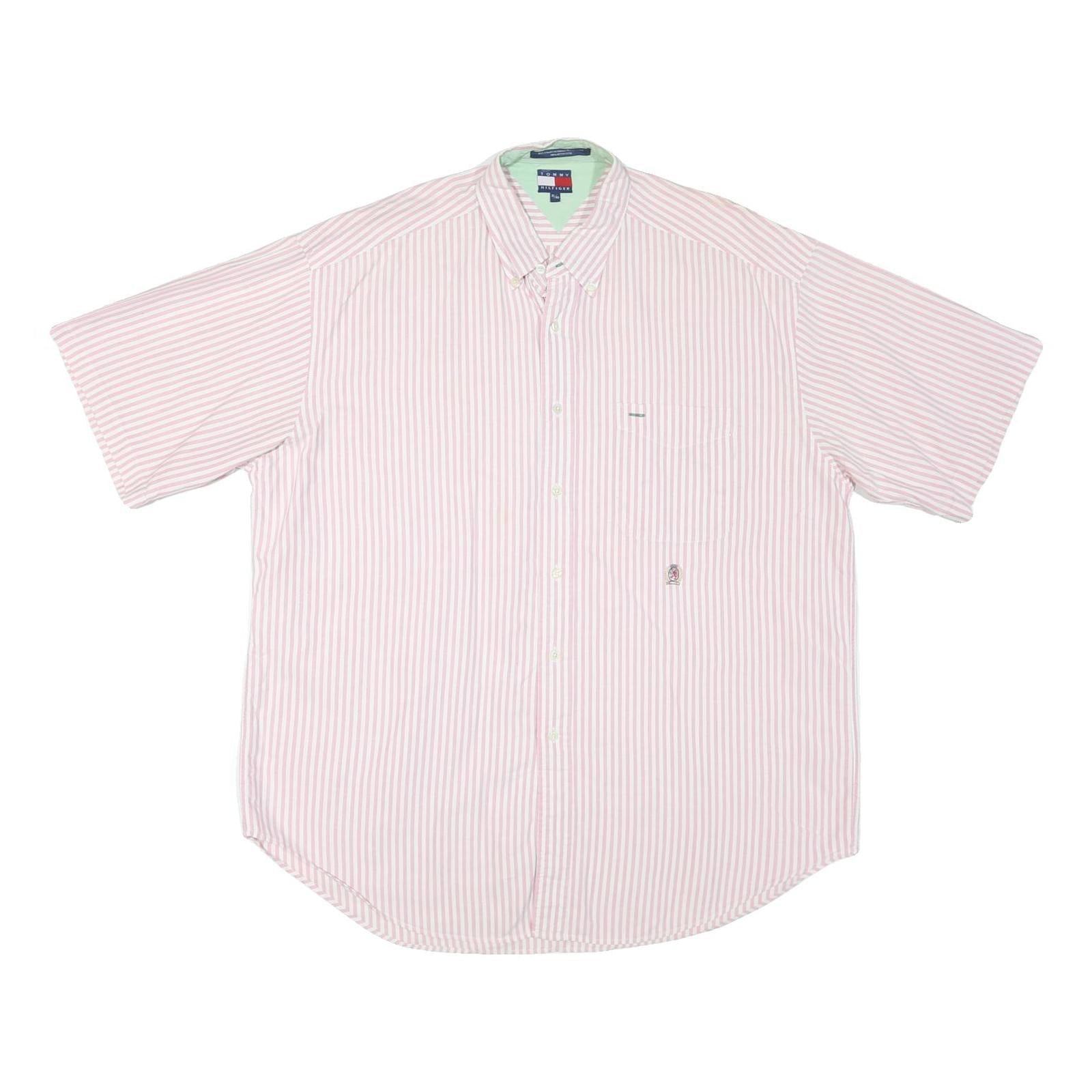 TOMMY HILFIGER Mens Pink & White Striped Shirt XL Button-Down Short Sleeve Refurbished - N/A refurbished available on Cerqular