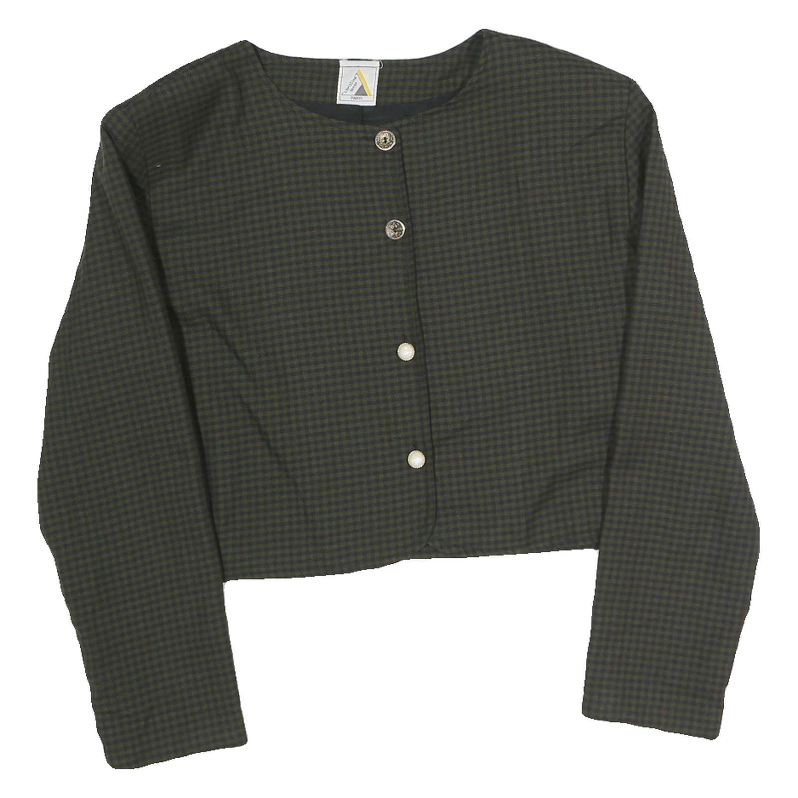Womens Black Green Jacket L Cotton Blend Button Check Crop Top Retro Refurbished - N/A refurbished available on Cerqular
