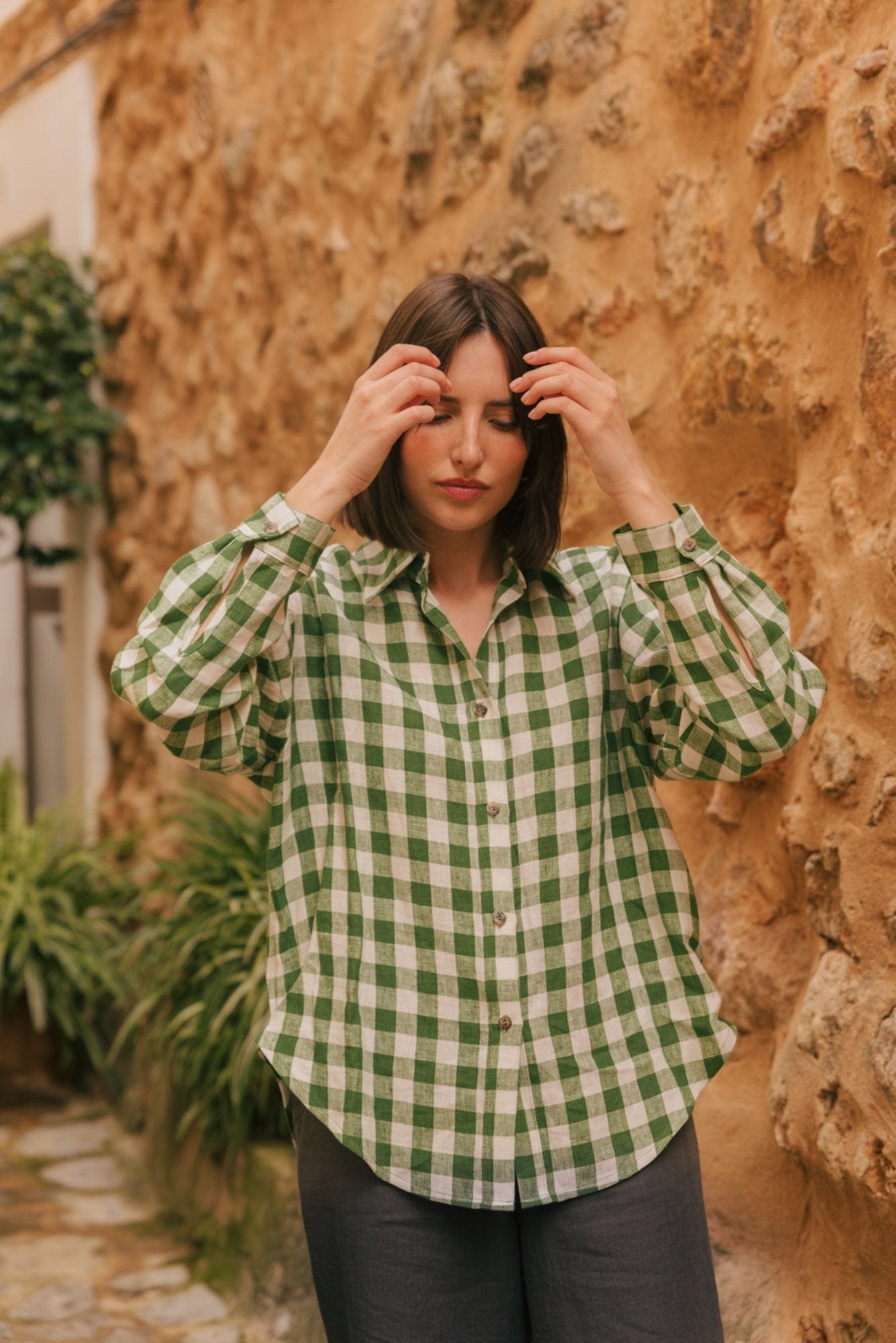 Odense casual linen shirt in Green Gingham | Size: XXL Refurbished - Amour Linen refurbished available on Cerqular