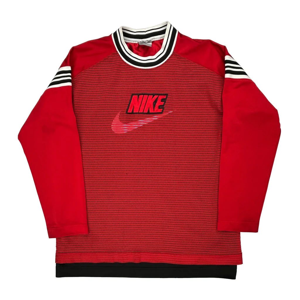 Age 12-13 Nike Striped Sweatshirt - Large Red Polyester Refurbished - Thrifted (note: this is a term often used to describe second- refurbished available on Cerqular