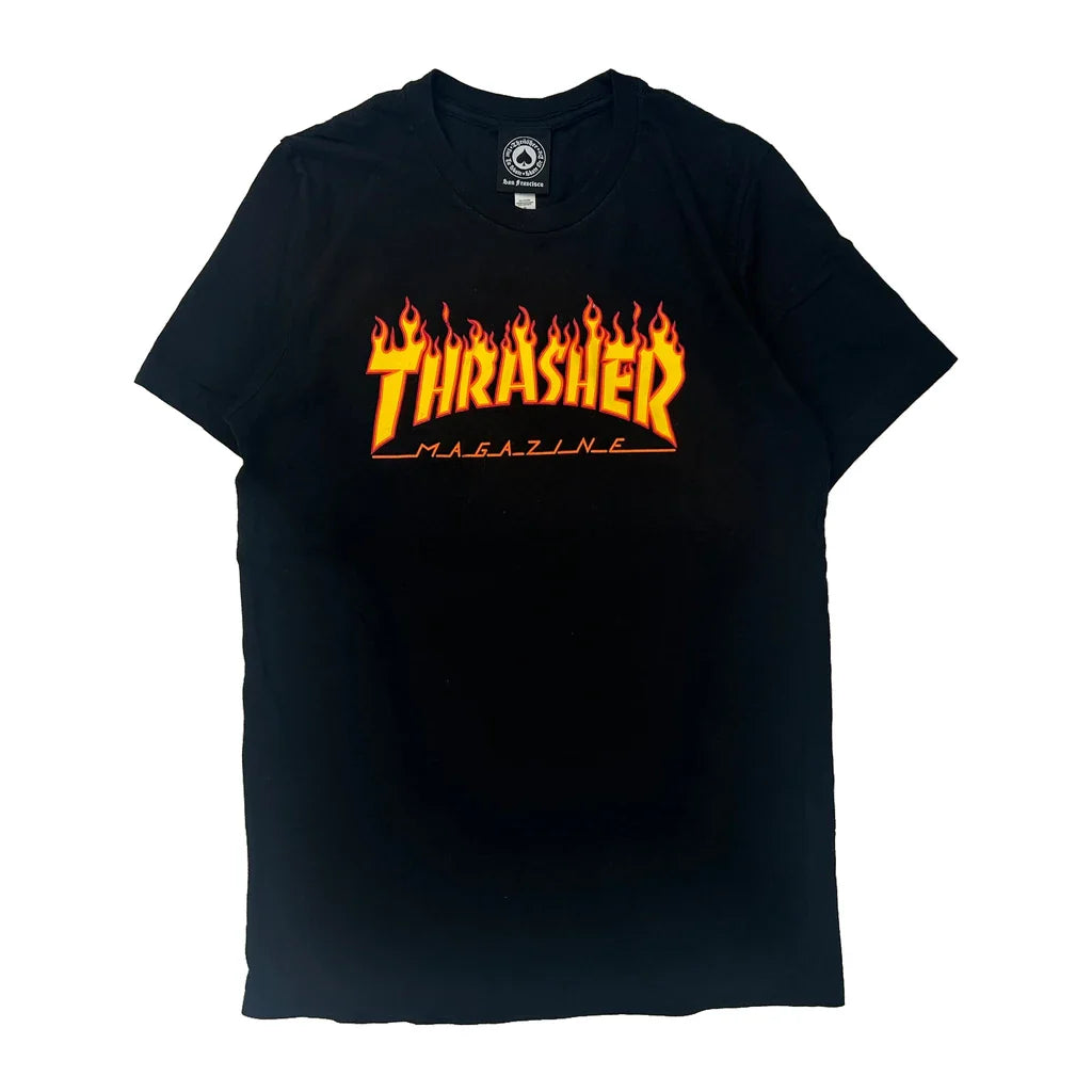 Flame Logo Thrasher Graphic T-Shirt - Medium Black Cotton Refurbished - Thrifted (note: this is a term often used to describe second- refurbished available on Cerqular