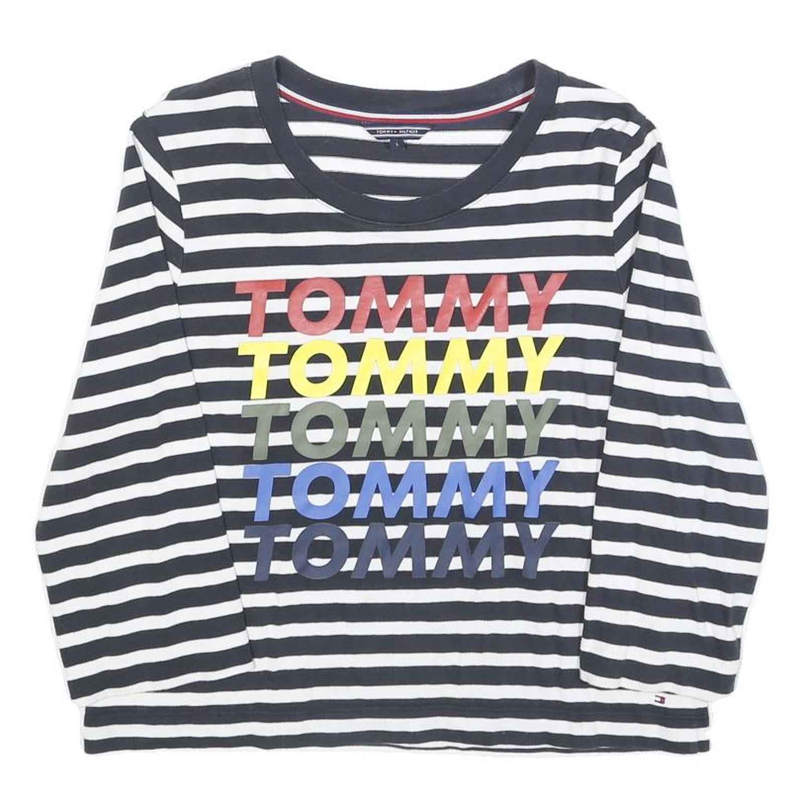 TOMMY HILFIGER Womens Black & White Striped Crew Neck S Sweatshirt Logo Print Refurbished - N/A refurbished available on Cerqular