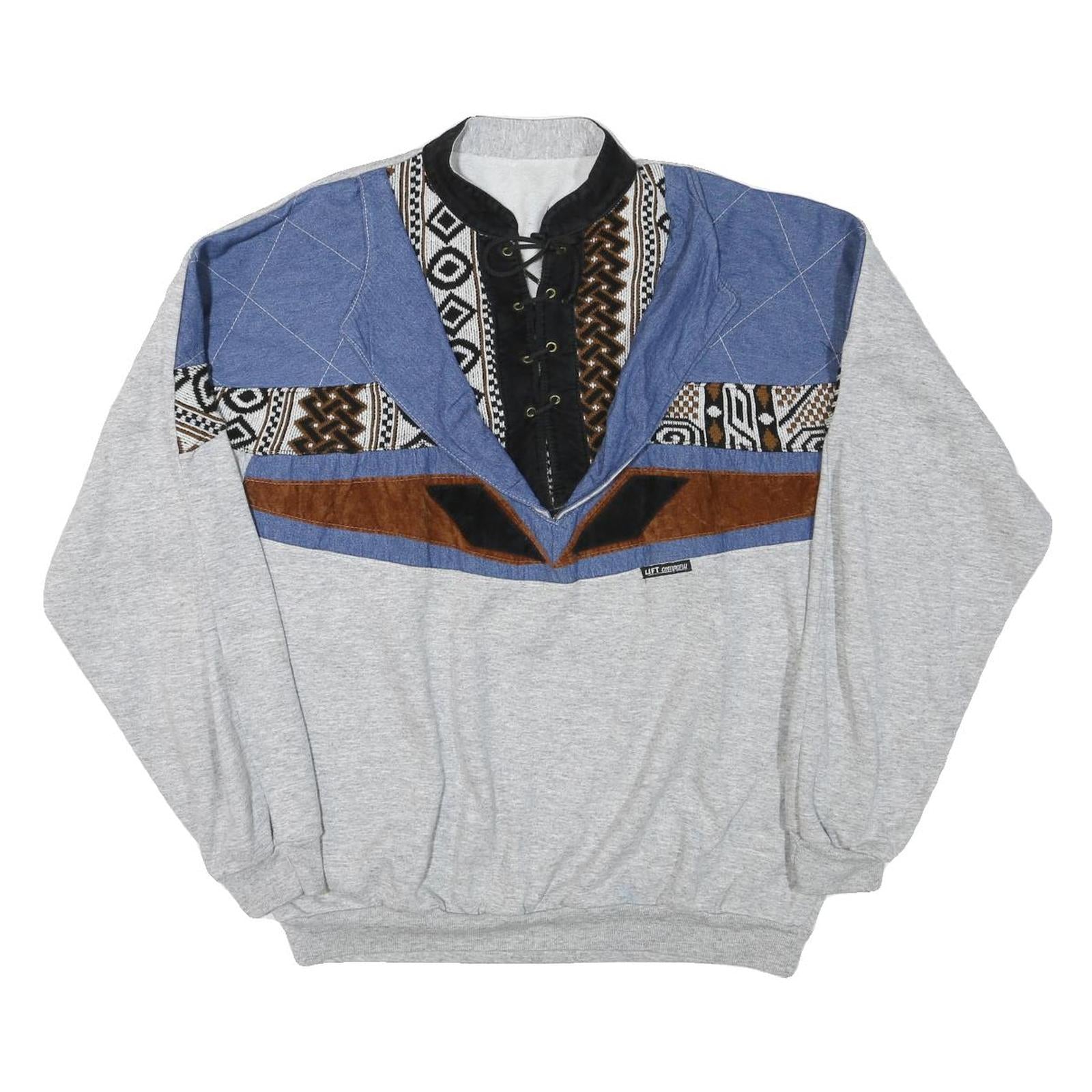 LIFT Mens Grey Blue Brown Patterned Collared L Sweatshirt Vintage Pullover Refurbished - N/A refurbished available on Cerqular