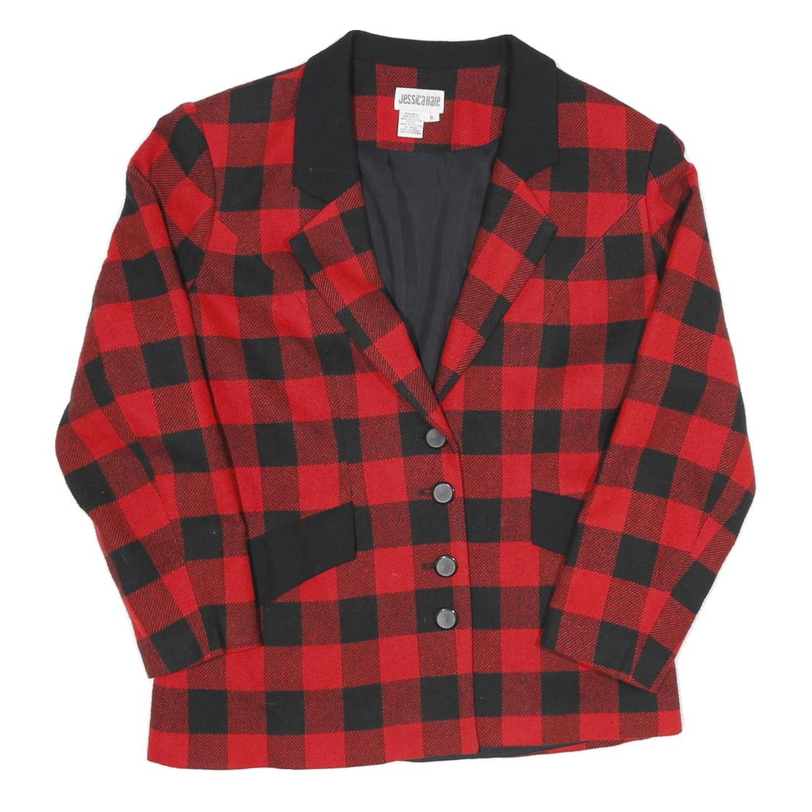 Womens Red & Black Check Button Jacket M Cotton Blend Classic Retro Style Refurbished - N/A refurbished available on Cerqular
