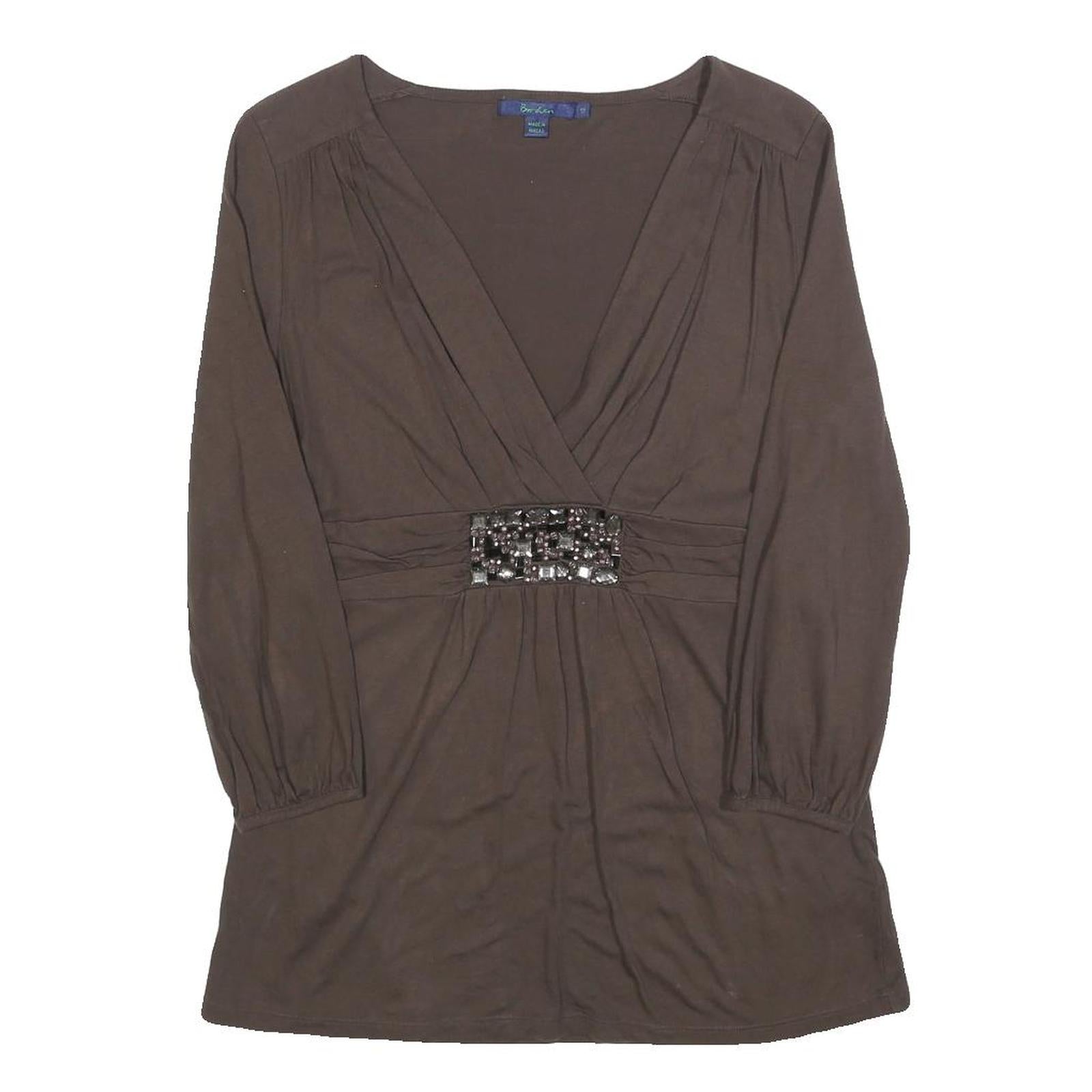 BODEN Womens Brown Embellished V-Neck Long Sleeve Top UK 12 Polyester Blend Refurbished - N/A refurbished available on Cerqular