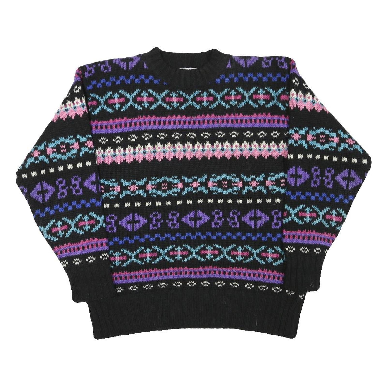BRASS PLUM Mens Black Patterned Wool Jumper Crew Neck Chunky Knit M Winter Refurbished - N/A refurbished available on Cerqular
