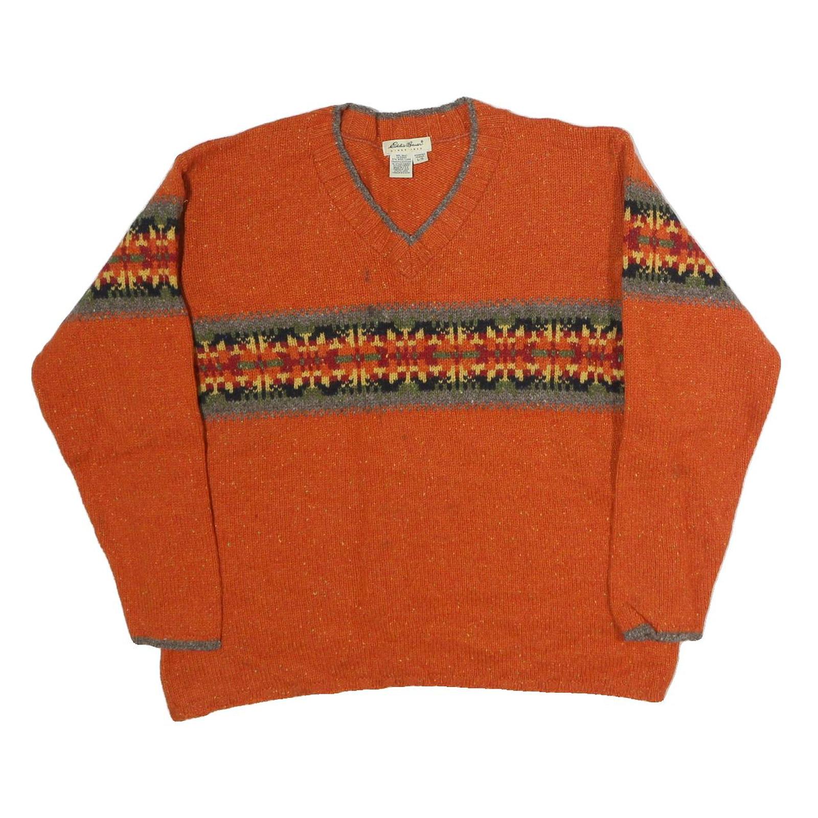 EDDIE BAUER Womens Orange Patterned Jumper V-Neck Basic Knit L Casual Cotton Refurbished - N/A refurbished available on Cerqular