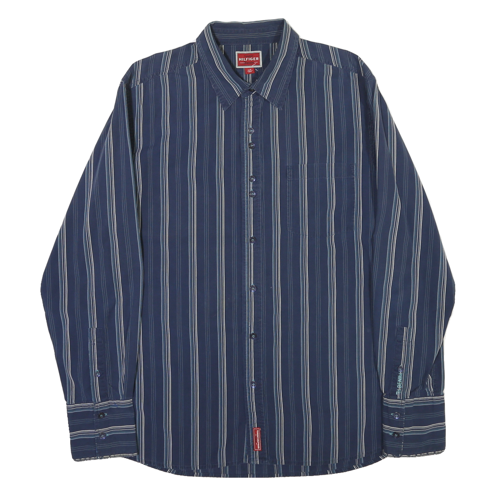 TOMMY HILFIGER Mens Blue & White Striped Shirt L Classic Fit Cotton Blend Long Refurbished - N/A refurbished available on Cerqular