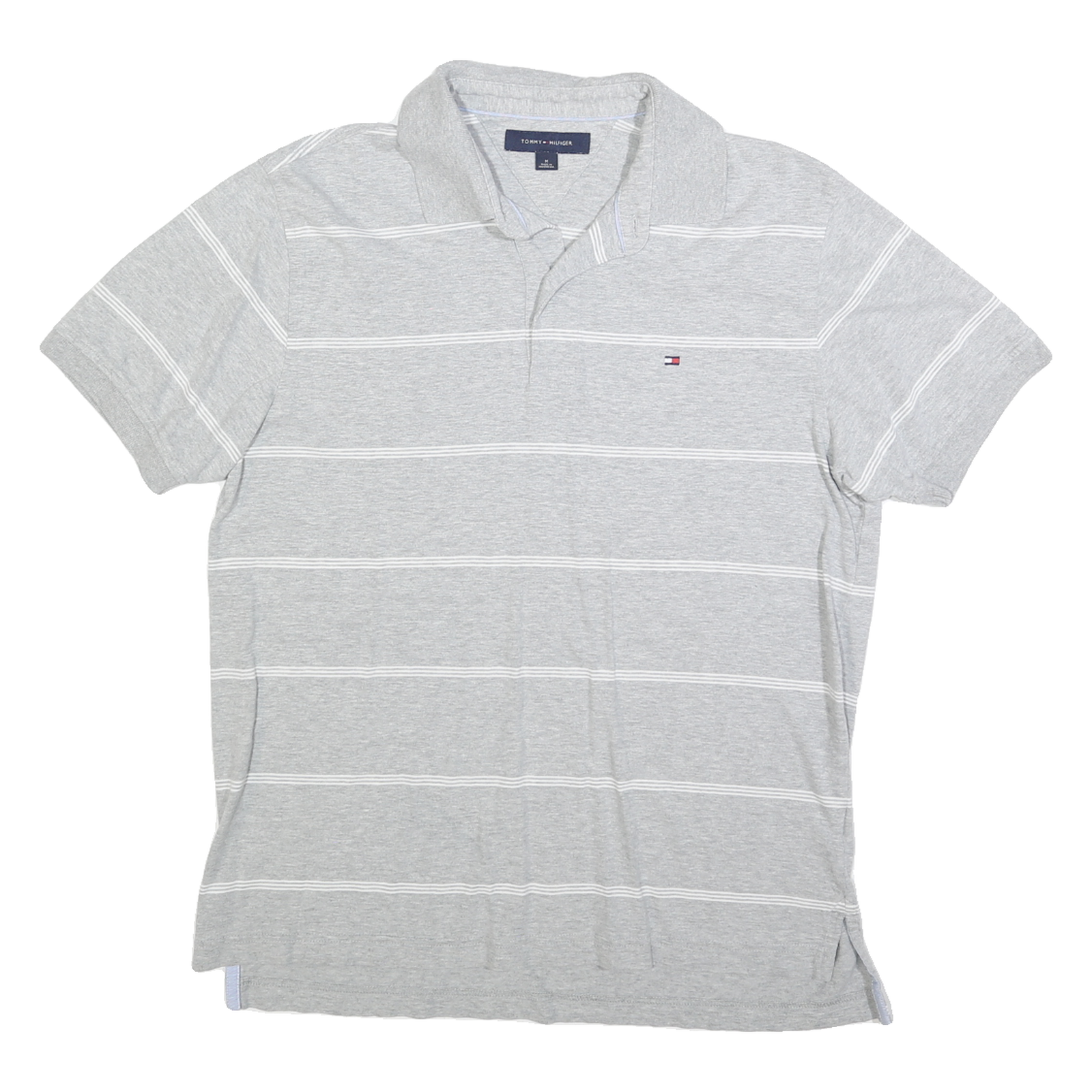 TOMMY HILFIGER Mens Grey & White Striped Short Sleeve Polo Shirt M Casual Cotton Refurbished - N/A refurbished available on Cerqular