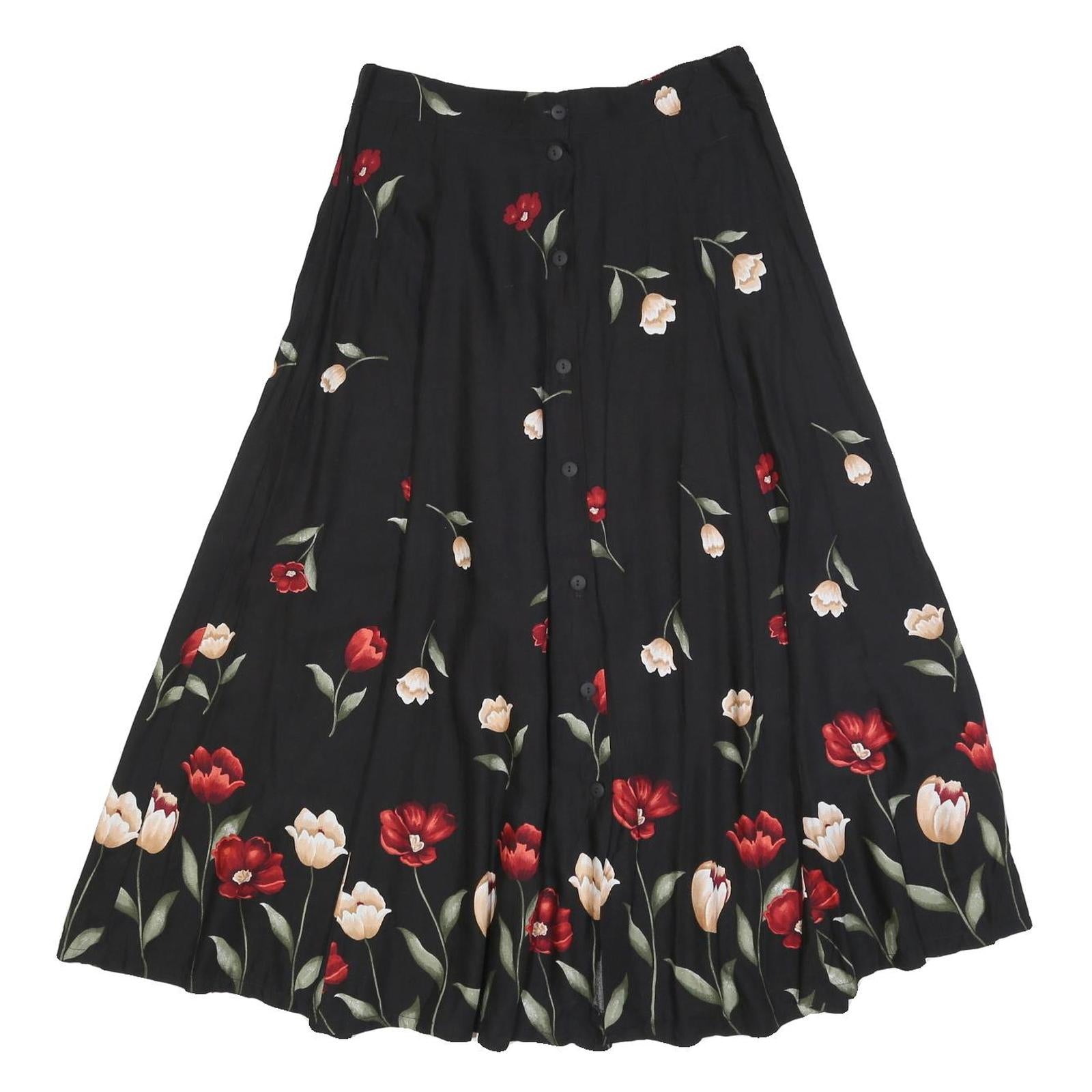 YOUNG SCENE Womens Black Floral Print Midi Button Woven Skirt M Rayon Elegant Refurbished - N/A refurbished available on Cerqular