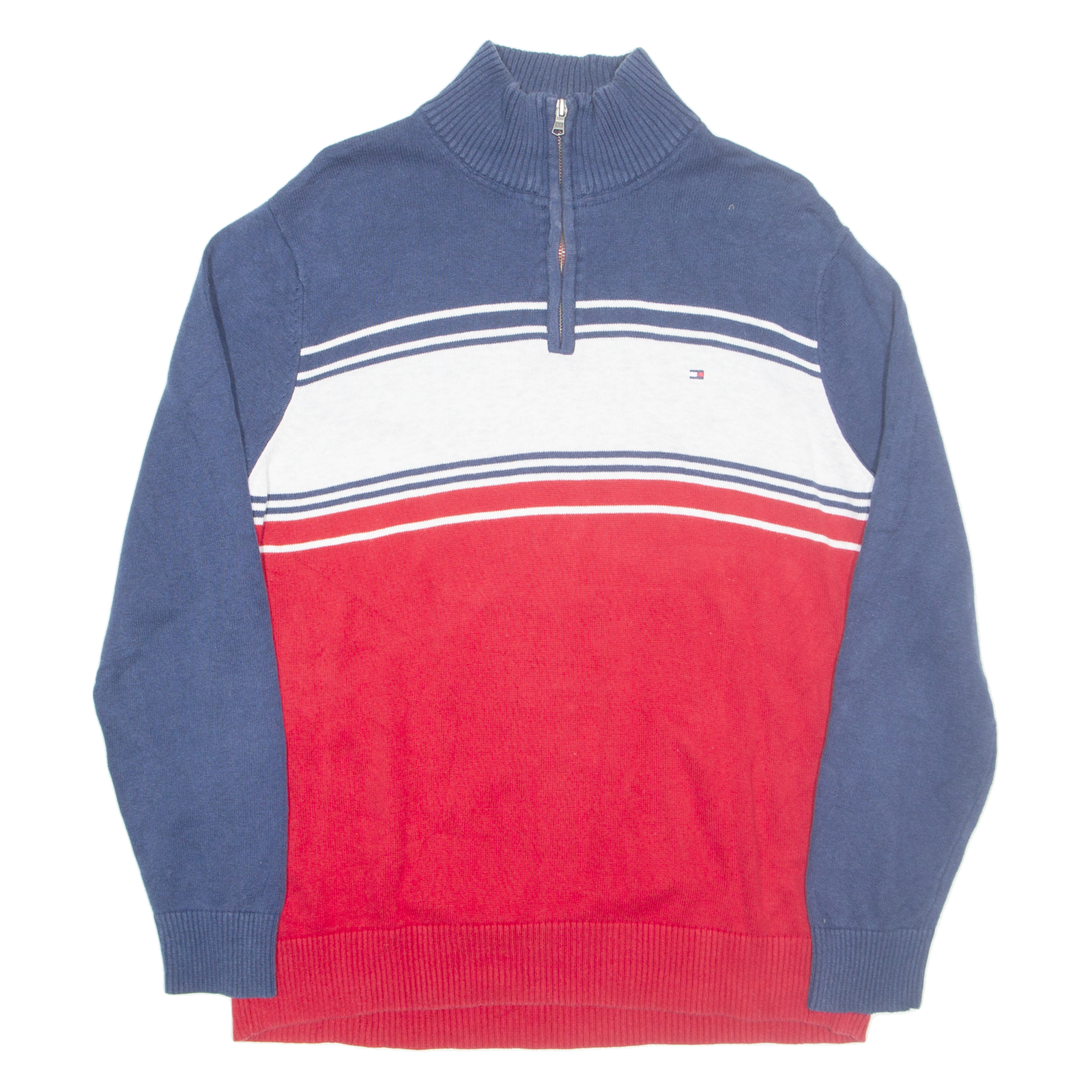 TOMMY HILFIGER Mens Patterned Jumper Red Striped 1/4 Zip Tight Knit L Refurbished - N/A refurbished available on Cerqular