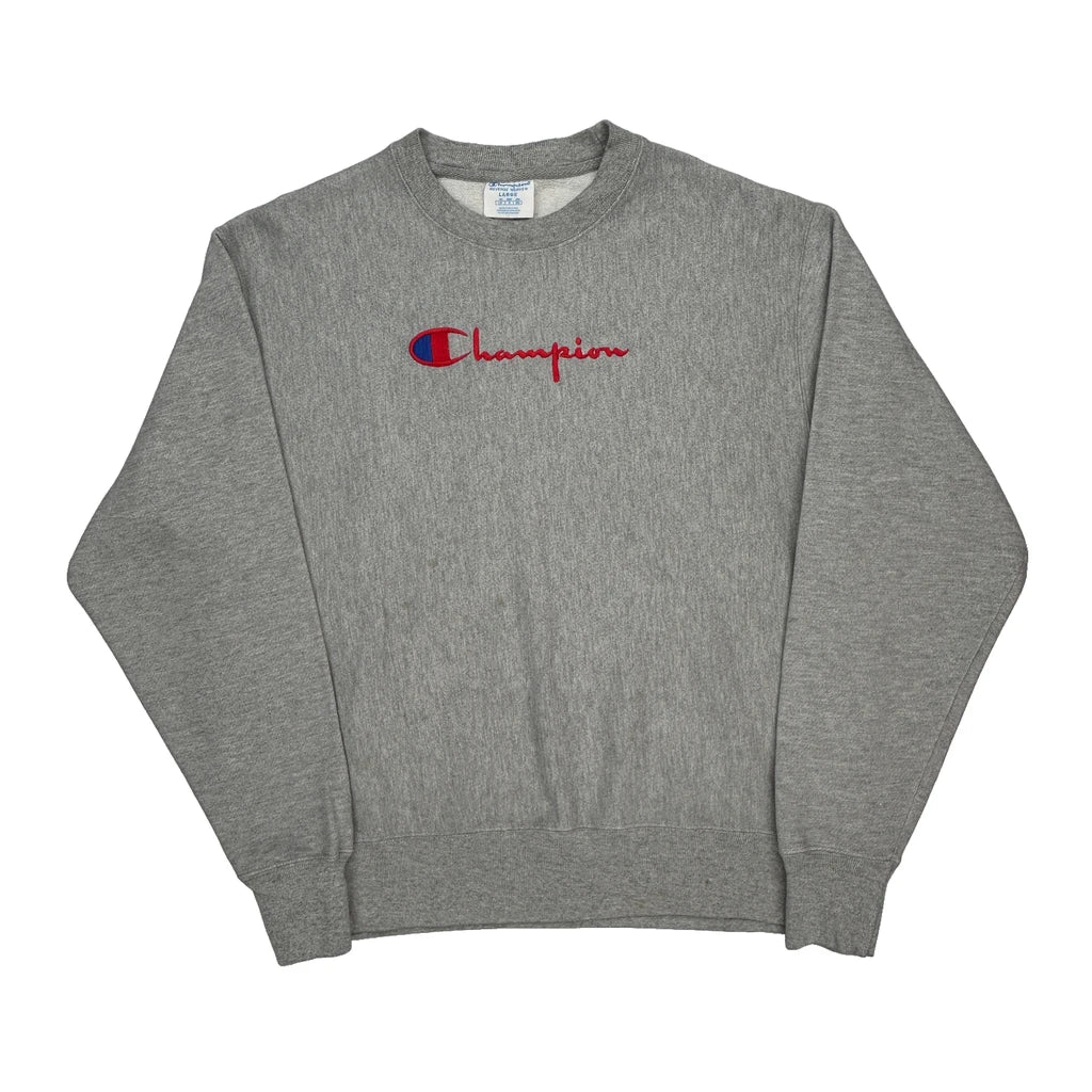 Reverse Weave Champion Spellout Sweatshirt - Large Grey Cotton Blend Refurbished - Thrifted (note: this is a term often used to describe second- refurbished available on Cerqular