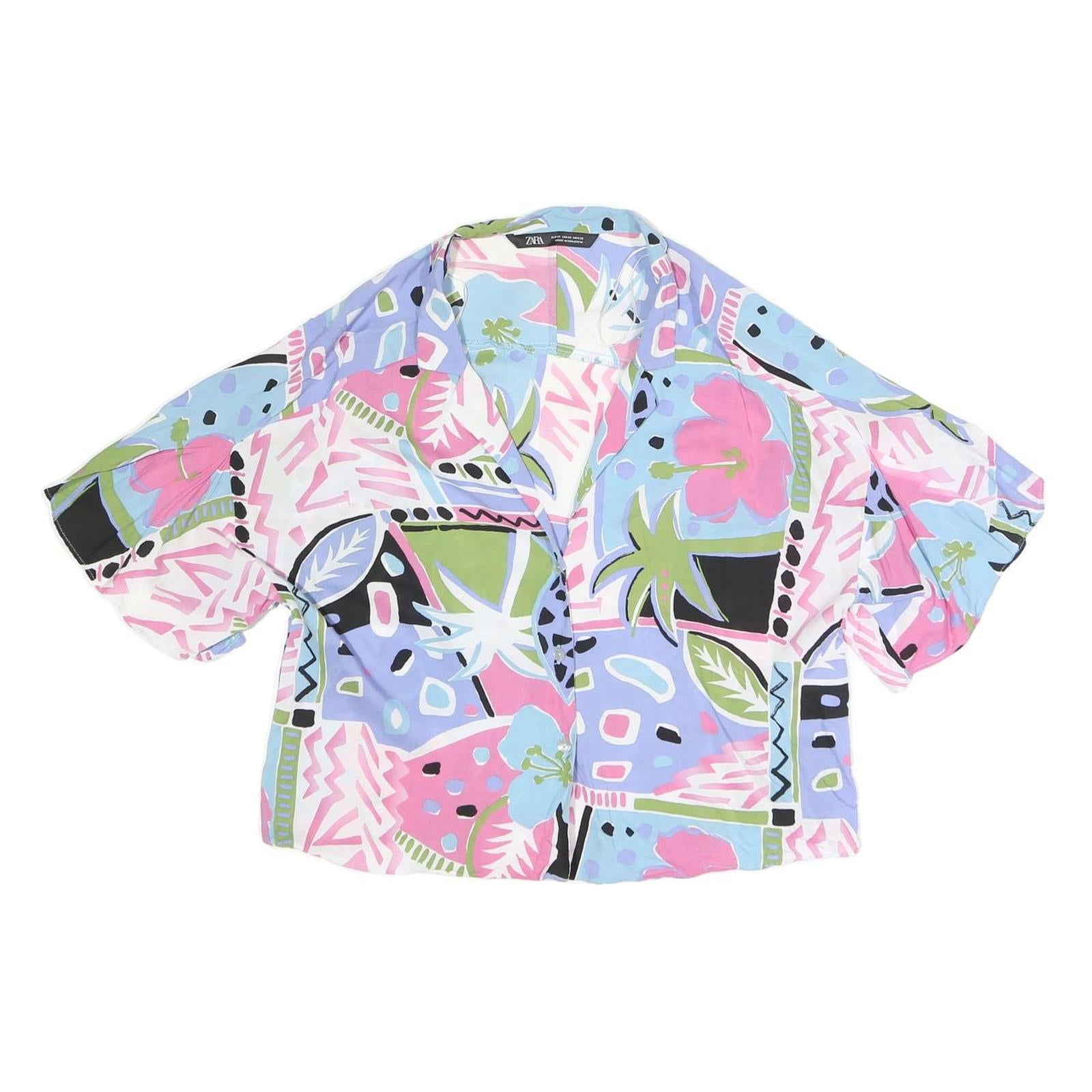 ZARA Womens Blue & Pink Printed Oversized Shirt Short Sleeve Collar M Casual Refurbished - N/A refurbished available on Cerqular
