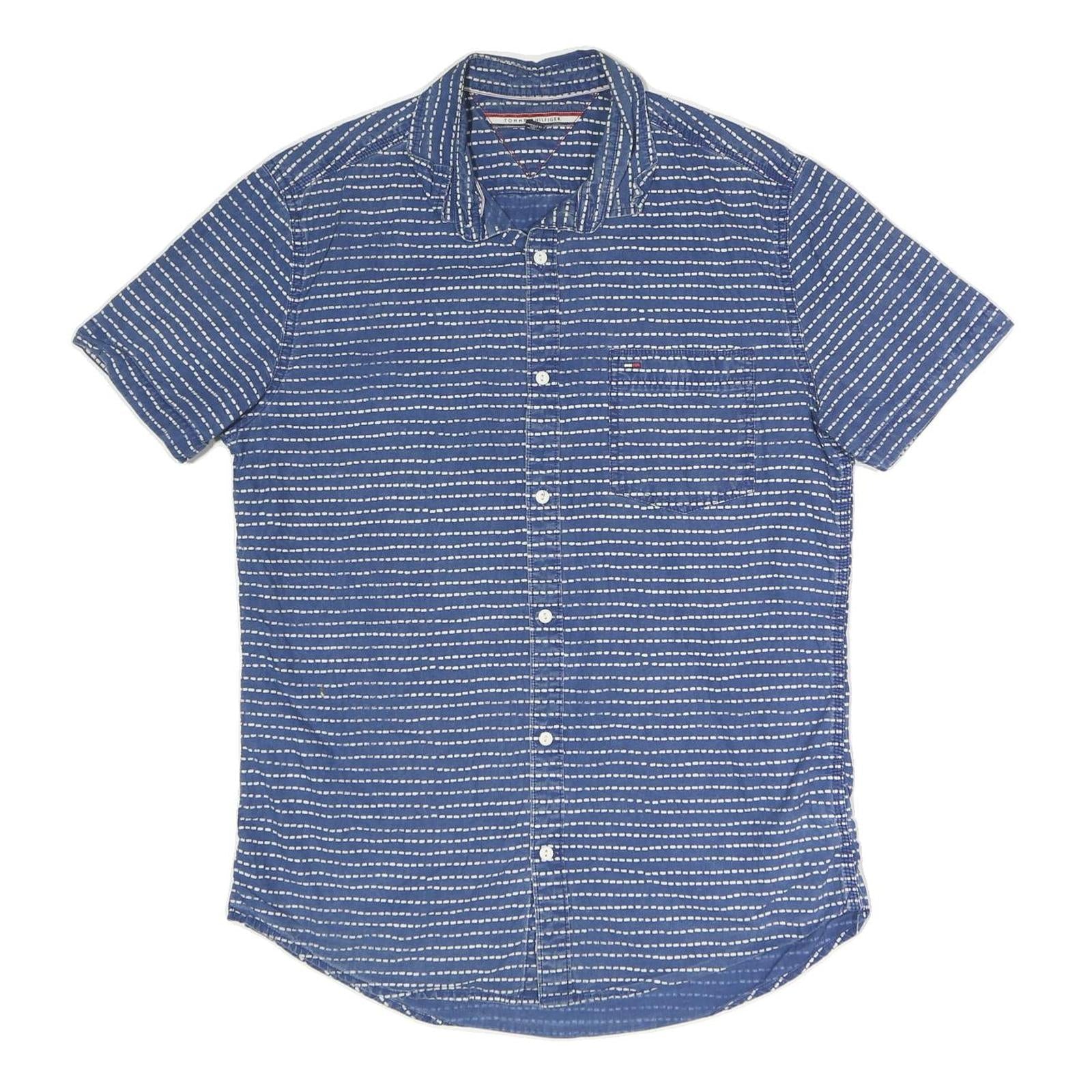 TOMMY HILFIGER Mens Blue Stripe Shirt L Casual Short Sleeve Cotton Blend Refurbished - N/A refurbished available on Cerqular
