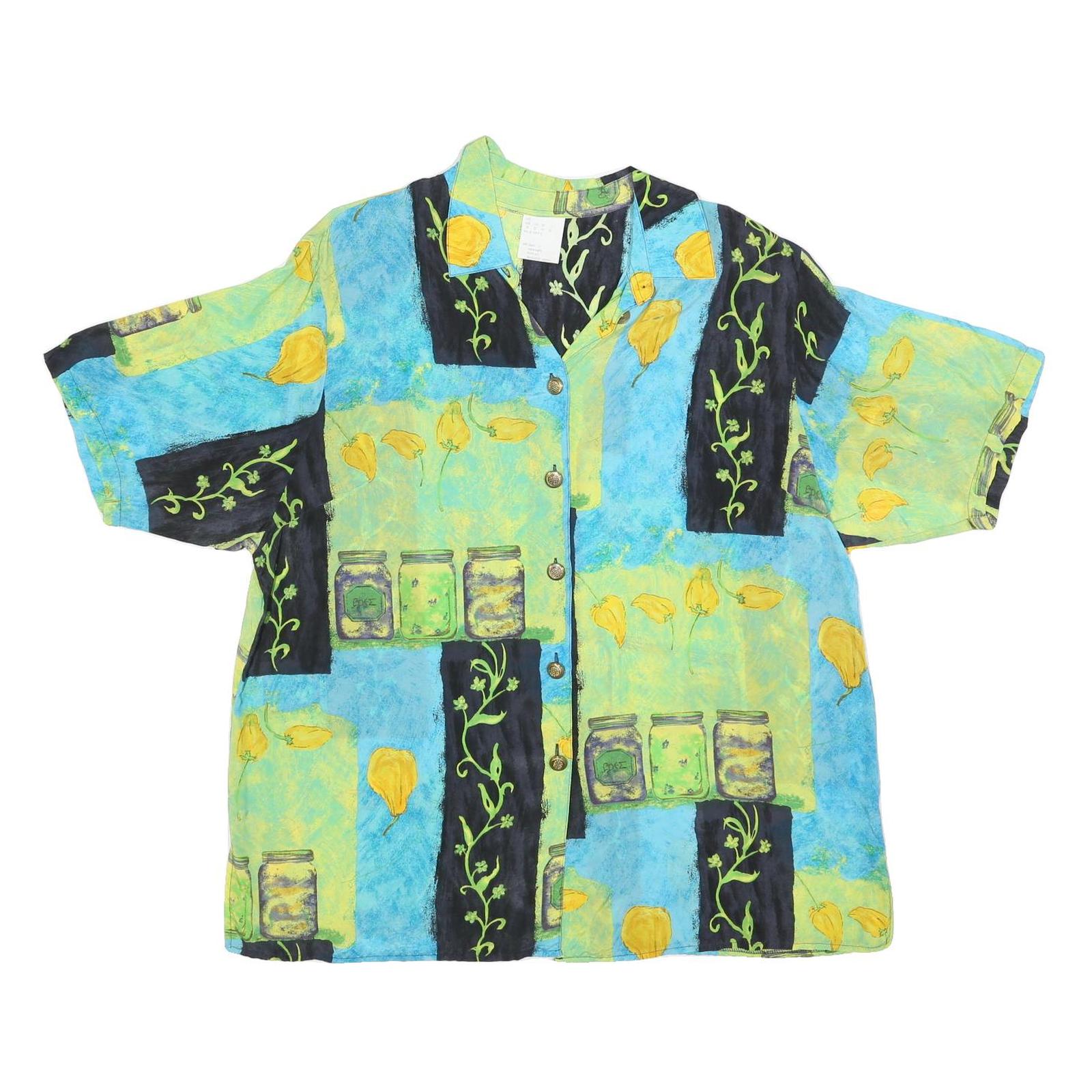 Womens Blue Green Black Rayon Printed Short Sleeve Collared Button Shirt UK 24 Refurbished - N/A refurbished available on Cerqular