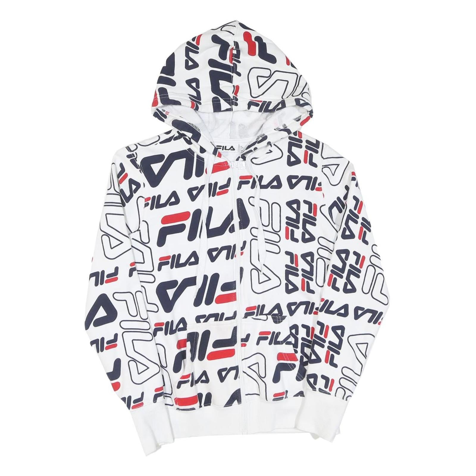 FILA Womens White & Navy Logo Print Zip Up Hoodie UK 10 Refurbished - N/A refurbished available on Cerqular