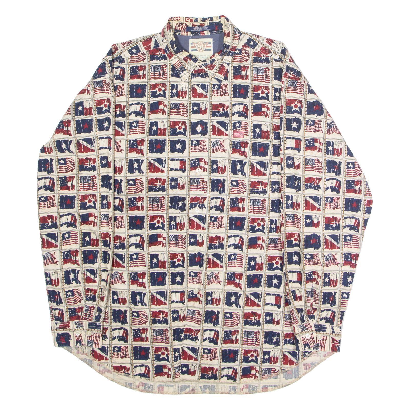 TOMMY JEANS USA Flag Mens Shirt Cream 90s Crazy Pattern Long Sleeve L Refurbished - N/A refurbished available on Cerqular