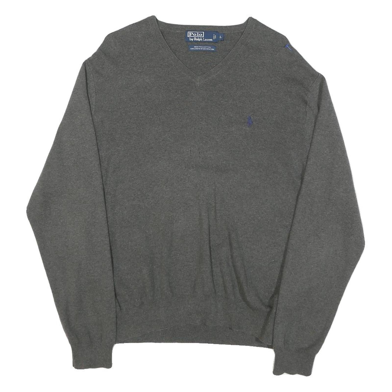 POLO RALPH LAUREN Mens Grey Plain Cotton Blend V-Neck Jumper L Classic Knitwear Refurbished - N/A refurbished available on Cerqular
