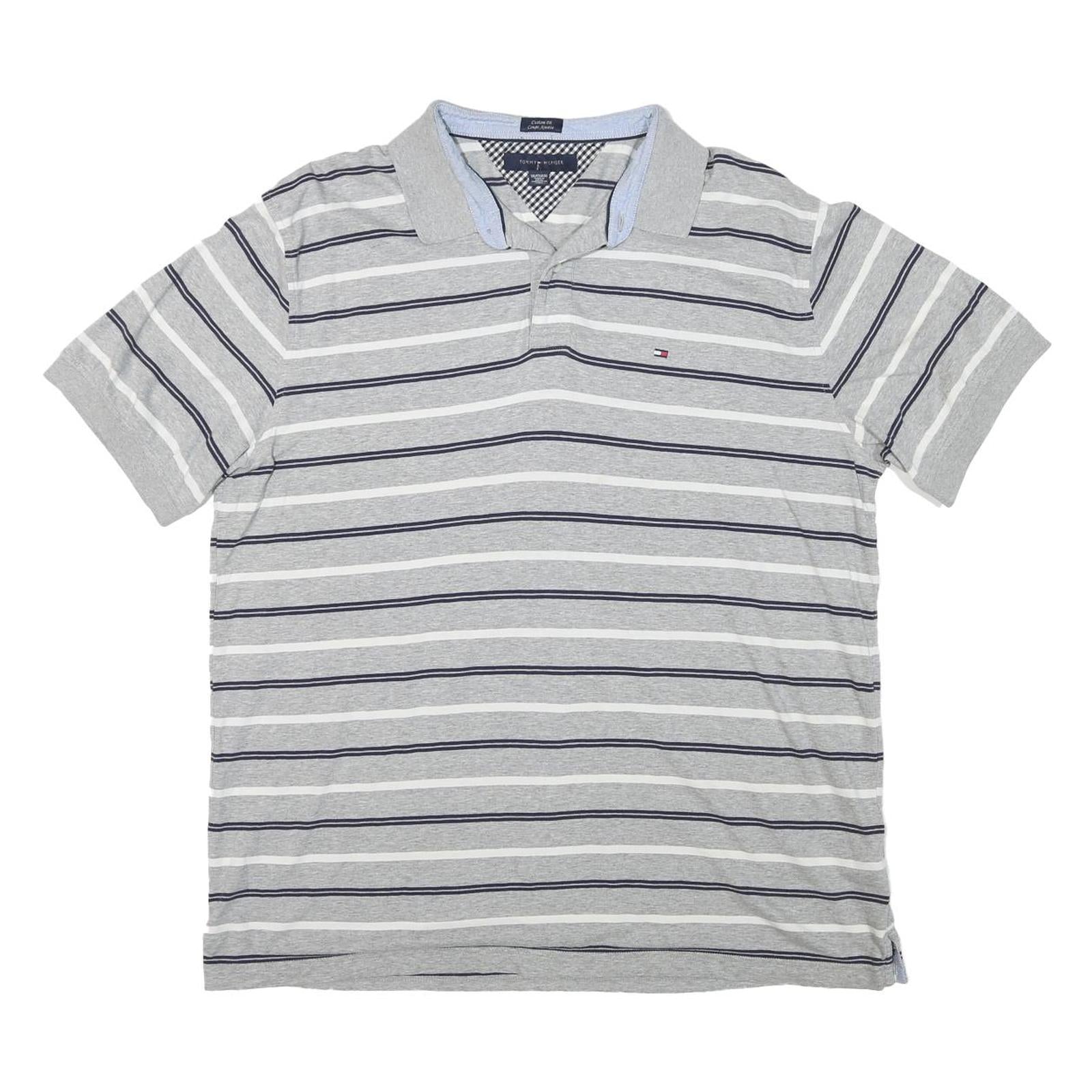 TOMMY HILFIGER Mens Grey & White Striped Short Sleeve Polo Shirt 2XL Cotton Refurbished - N/A refurbished available on Cerqular