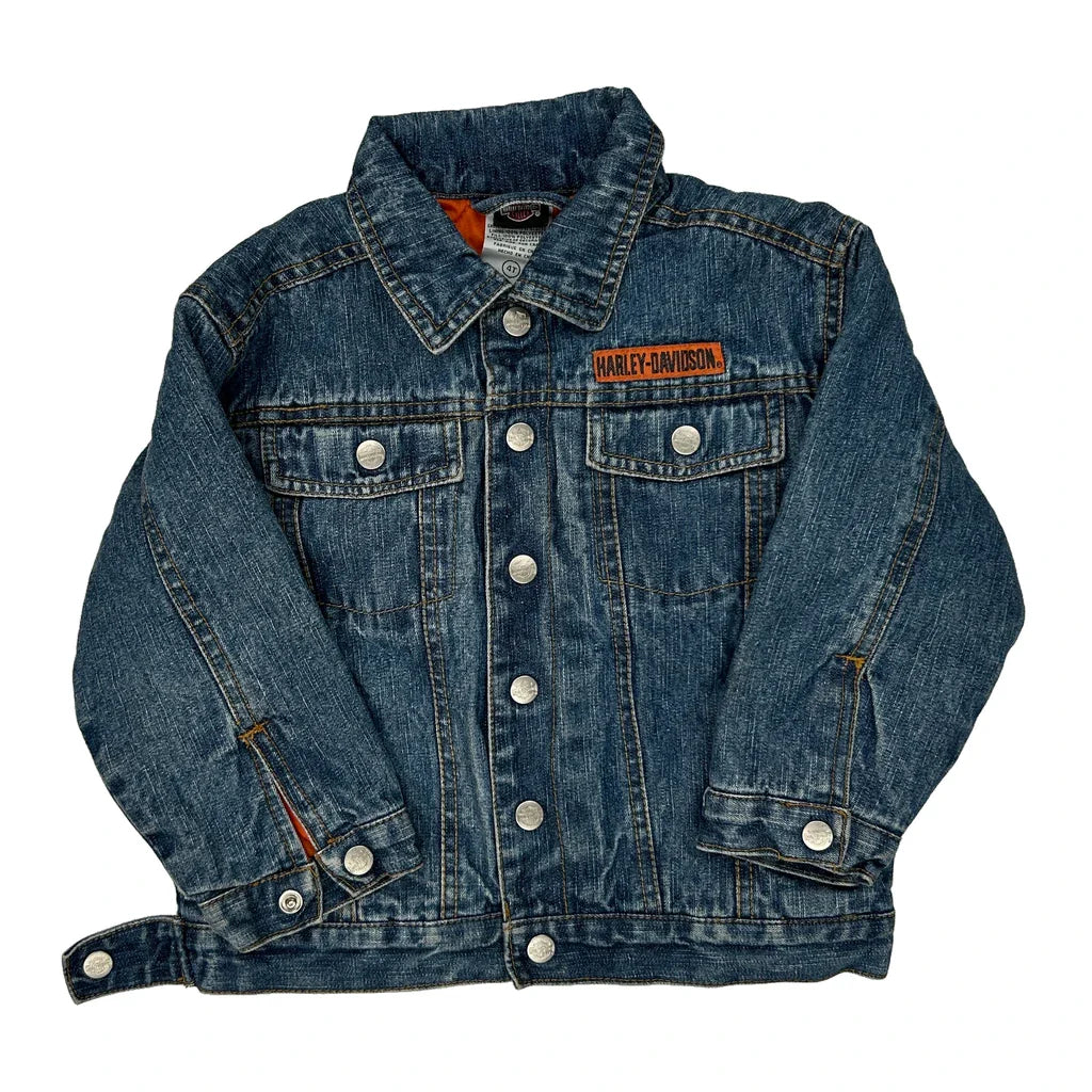 Age 4 Motorcycles Harley Davidson Graphic Denim Jacket - 2XS Blue Denim Refurbished - Thrifted (note: this is a term often used to describe second- refurbished available on Cerqular