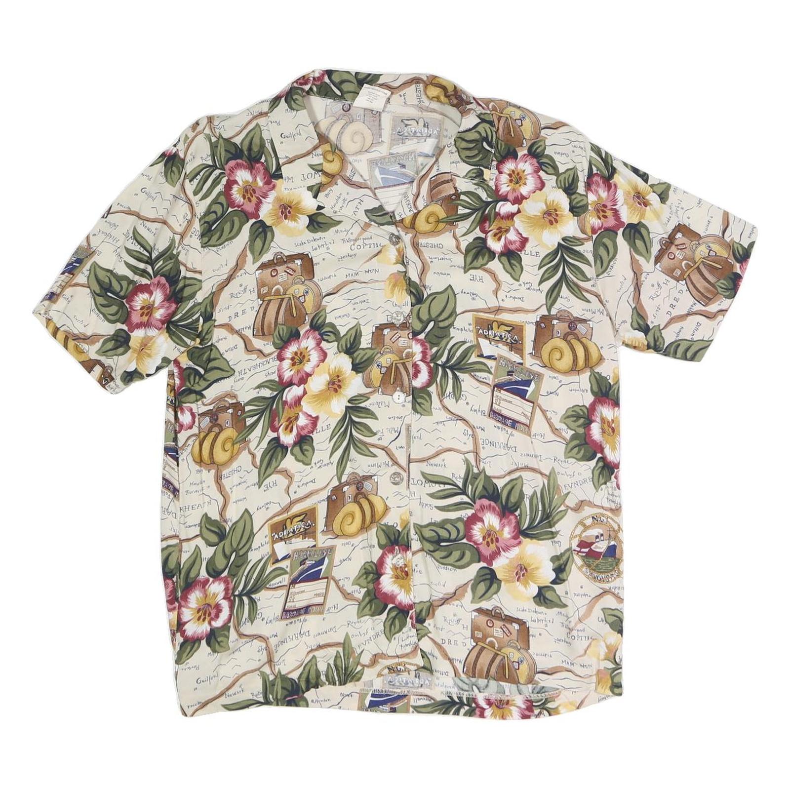 Womens Cream Floral Map Print Rayon Shirt Short Sleeve Collared M Summer Refurbished - N/A refurbished available on Cerqular