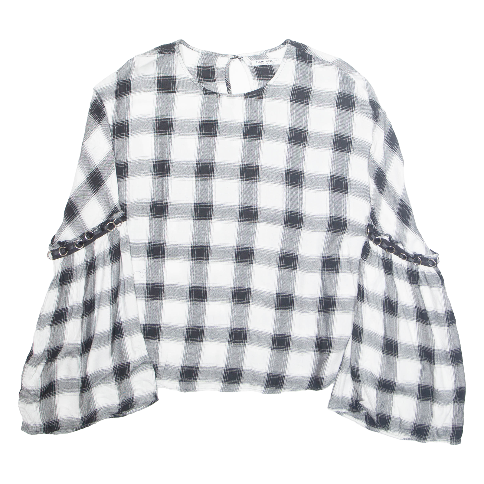 GLAMOROUS Womens Printed Blouse White Long Sleeve Plaid L Refurbished - N/A refurbished available on Cerqular