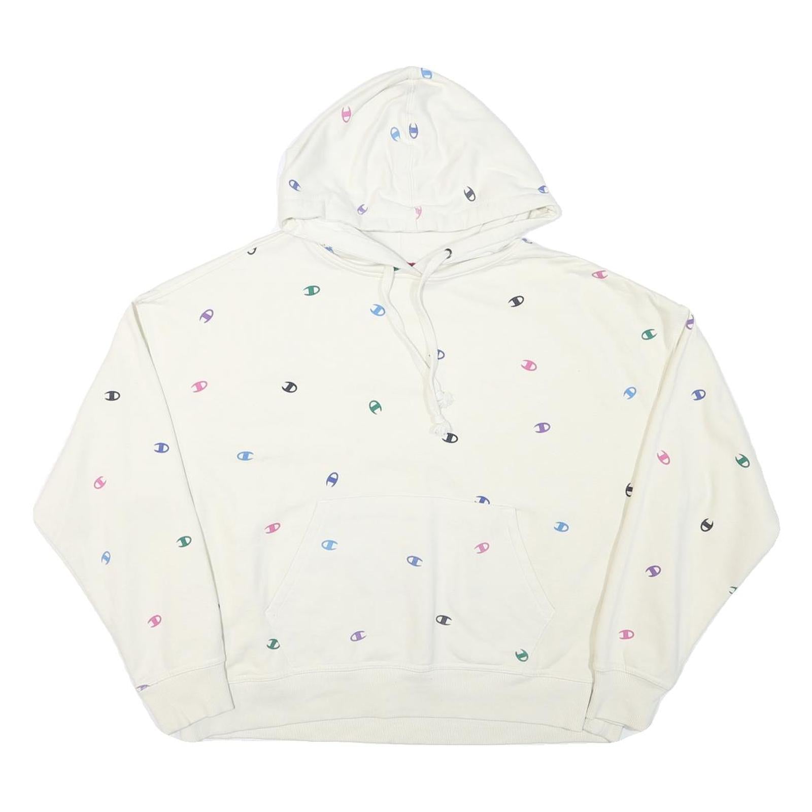 CHAMPION Womens White Multicolour Logo Print Pullover Hoodie L Casual Cotton Refurbished - N/A refurbished available on Cerqular