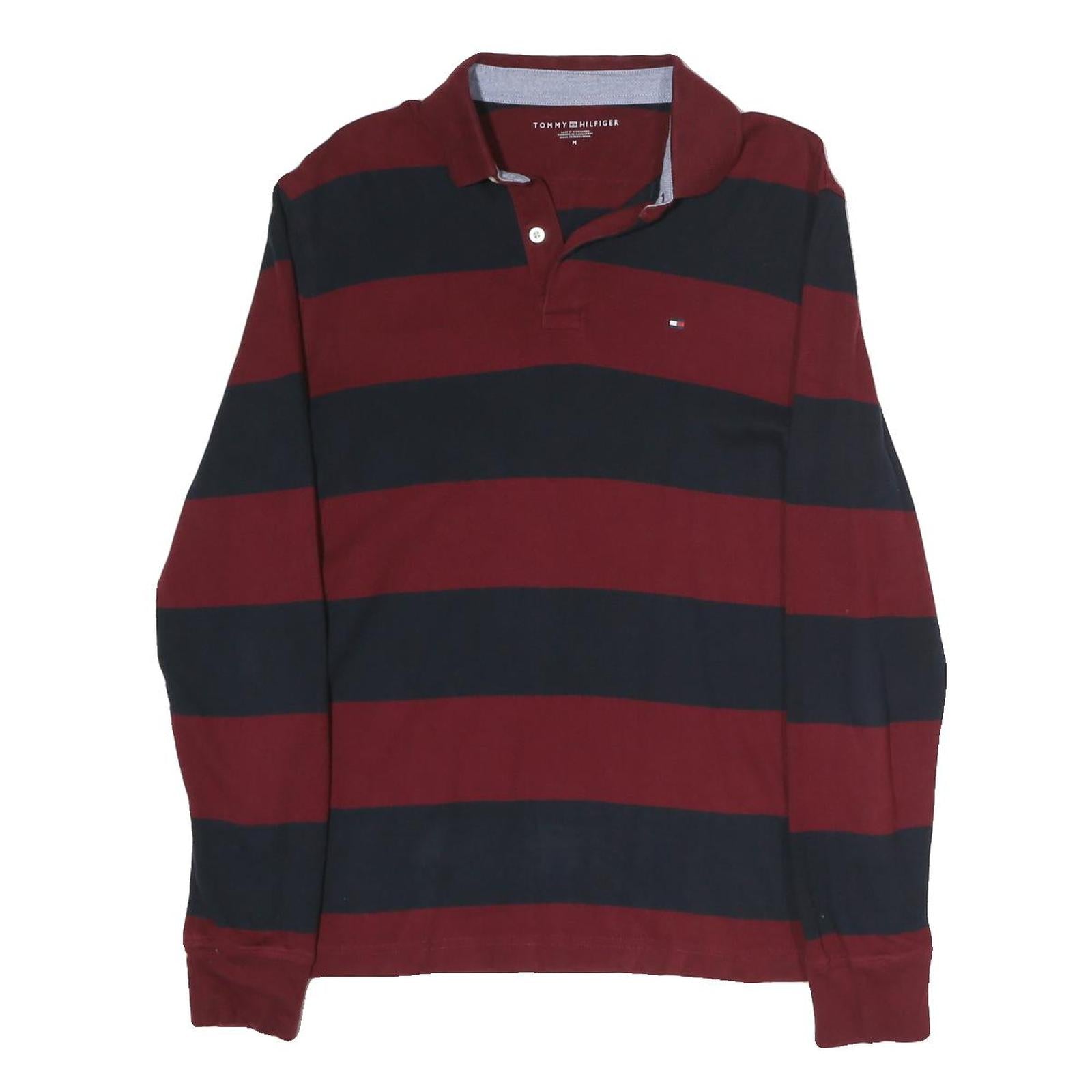 TOMMY HILFIGER Mens Burgundy & Navy Striped Long Sleeve Polo Shirt M Classic Fit Refurbished - N/A refurbished available on Cerqular