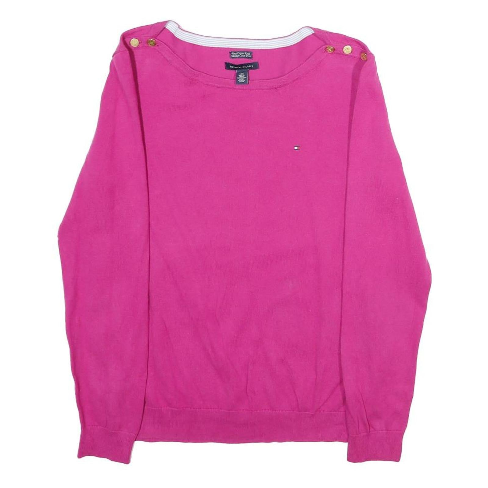 TOMMY HILFIGER Womens Pink Plain Crew Neck Basic Knit L Button Shoulder Jumpers Refurbished - N/A refurbished available on Cerqular