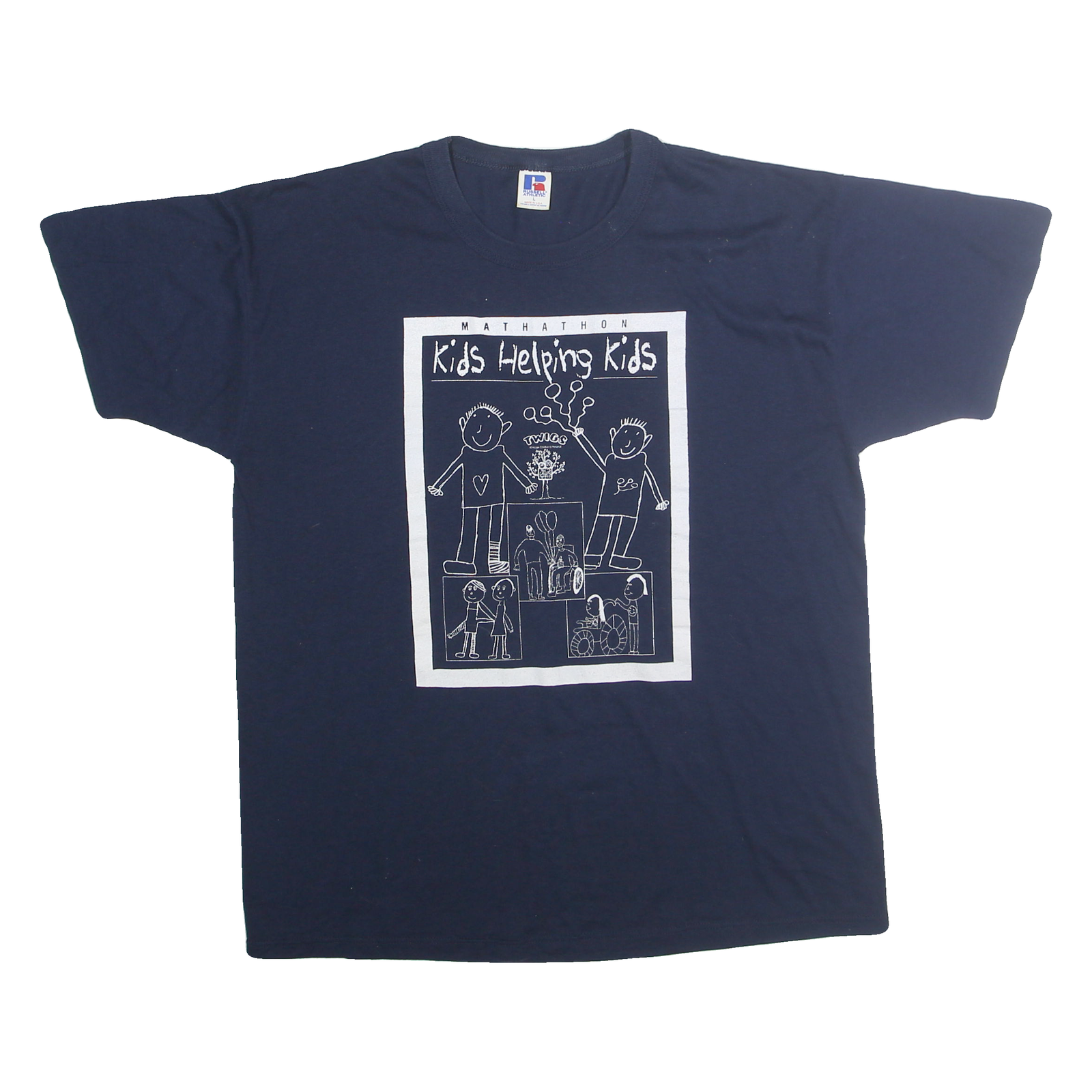 RUSSELL ATHLETIC Mens Blue Kids Helping Kids Graphic T-Shirt L Short Sleeve Crew Refurbished - N/A refurbished available on Cerqular