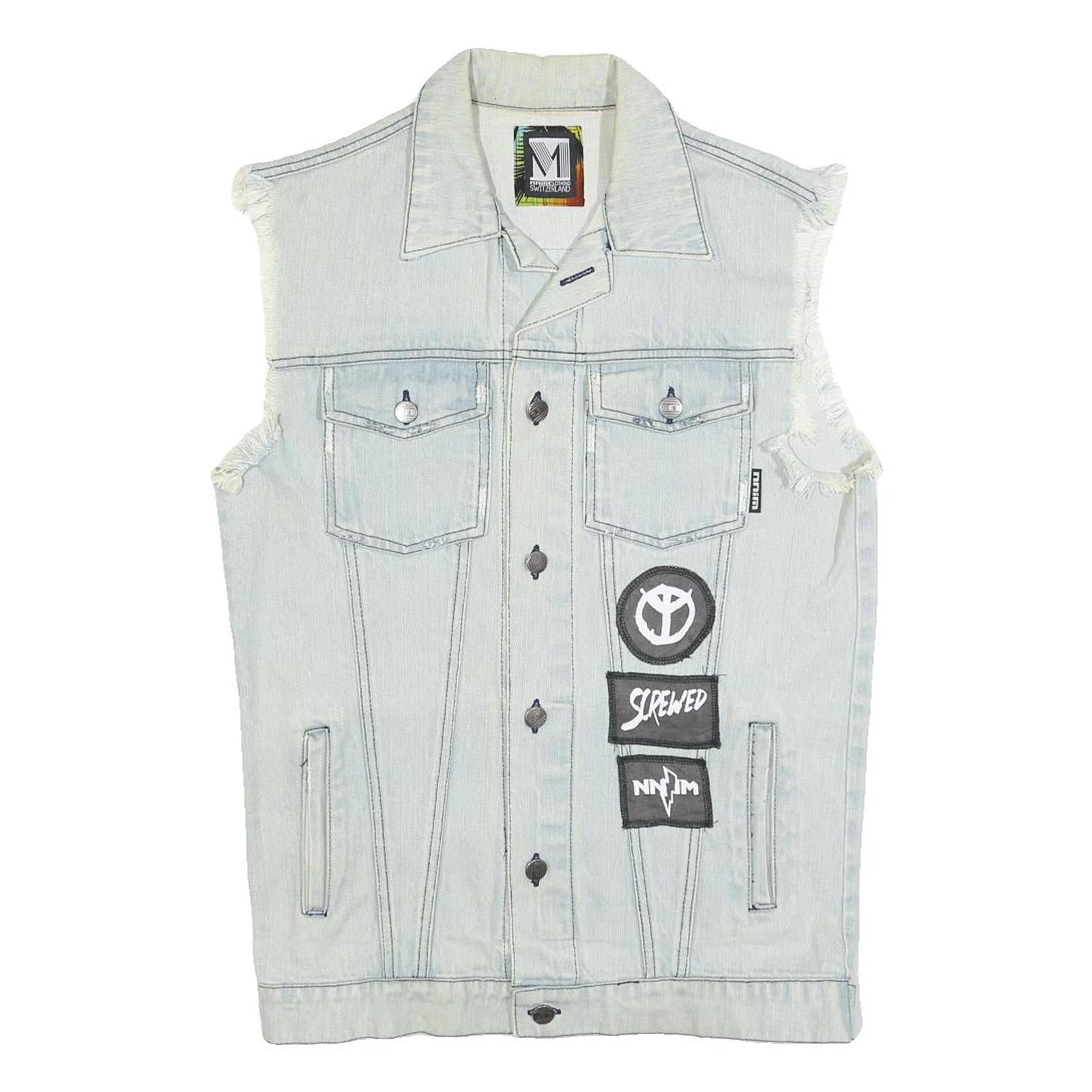 NNIM Mens Blue Denim Sleeveless Patchwork Cotton M Jacket Distressed Refurbished - N/A refurbished available on Cerqular