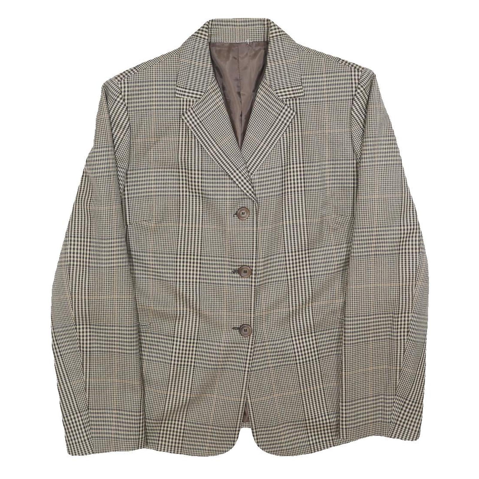 Womens Brown Grey Wool Blend Checked Button Jacket L Woven Classic Tailored Refurbished - N/A refurbished available on Cerqular
